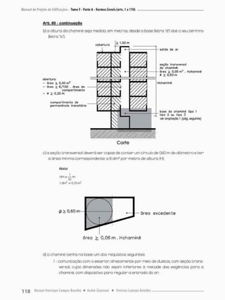 Arb. 69 - continuação
b) a altura do chaminé seja medida, em metros, desde a base {letra "d") até o seu Germino
{letra "oi;
1,00 m
j gaTda de ar
seção transversal
<fa chaminé:
firea ;> 0,06 m! , Hchominê
e i 0,60 m
abertura:
- ãrea £ 0,40 rn1
- área > 6/100 . órea do
compartimento
- 0 2. 0,20 rn
compartimento de
perman&nçia transitório
Hchominé
Dose da chominé tipo 1
tipo 1 ou tipo 3
ver ampliação ] (pâg. seguinte)
Corte
c) o seção transversal deverá ser capaz de conter um círculo de 0,60 m de diâmetro e t e r
a área mínima correspondente a 6 dms por metro de altura {H);
Nota
drn = — rn
10
l dm2 = 0.01 m2
ãrea > 0 , 0 6 m . H c h a m i n é
0 > 0,60 m
área e x c e d e n t e
d) a chaminé tenha na base um dos requisitos seguintes:
 • comunicação com o exterion diretamente por meio de duetos, com seção trans-
versal, cujas dimensões nõo sejam inPeriores á metade dos exigências para a
chaminé, com dispositivo para regular a entrada do ar;
 