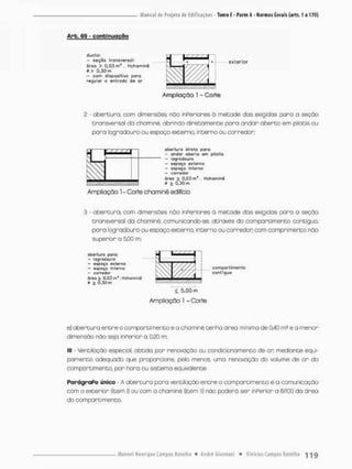 Arb, 69 - continuação
dueto:
— seçilo transversal;
6reo > 0,03 m3 , Hchaminé
0 > 0,30 m
- com dispositivo poro
regulor a entrada de ar
Ampliação 1 - Corte
2 - abertura, com dimensões não inPeriores ò metade das exigidas para a seção
transversal da chaminé, abrindo diretamente para andar aberto em pilotis ou
para logradouro ou espaço externa interno ou corredor;
f 7 7 7 7 1 "
abertura direta para:
- aníor aberto em pilotis
- logrodouro
- espaça «xterno
- espaço interno
- corredor
4rço > O.Ojm', Híhaminí
•í £ 0 . 3 0 m
Ampliaçao 1 - Corte chaminé edifício
3 - abertura, com dimensões não inPeriores ã metade das exigidas pora o seção
transversal da chaminé, comunicando-se, através do compartimento contíguo,
pora logradouro ou espaço externo, interno ou corredor com comprimento não
superior a 5,00 m;
abertura para:
— logradouro
— espaço externo
— espaço interno
— corredor
úreo £ 0,03 m ' . Hchominí
0 £ 0,30 m
Ampliação! - Corte
compartimento
contígua
< 5.00 m
e} abertura entre o compartimento e o cbominé tenha ãrea mínimo de 040 m2 e a menor
dimensão não seja inPerior o 0,20 m;
lll - Ventilação especial, obtida por renovação ou condicionamento de or; mediante equi-
pamento adequado que proporcione, pelo menos, umo renovação do volume de ar do
compartimento, por hora ou sistema equivalente.
ParágraPo único - A abertura para vencilação entre o compartimenco e o comunicação
com o exterior (item I) ou com a chaminé (item II) não poderá ser inPerior a 6/100 da área
do compartimento,
 