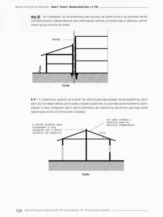 Arb. $7 - As Pundoções, os componentes estruturais, as coberturas e as paredes serão
completamente independentes das ediPicações vizinhas, já existentes, e deverão soPrer
interrupção no linha de divisa.
§ 1S - A cobertura, quando se t r a t a r de ediPicações agrupadas horizontalmente, t e r á
estruturo independente, para cada unidade autônoma, e a parede divisória deverá ultra-
passar o teto, chegando a t é o último elemento da cobertura, de Porma que haja total
separação entre os Parros das unidades.
em cado unidade o
 