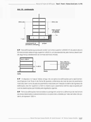 Arb. 115 - continuação
§ 3S - Nas ediPicações que possuam andar com área superior a 800,00 rn2, situado ã altura
(h) mencionada neste artigo, superior a 80,00 m. um dos elevadores pelo menos, devera ser
de segurança, obedecendo üs normas técnicos oPiciais,
P o v A = 8 0 0 m f
Corte
Arra & 600 rn2 e
ocirno de 80,00 m
do solo. adolar
elevador de
seguiarvça
res'a condição
Planta
§ 4S - O disposto no "caput" deste artigo não se aplica ás ediPicações para apartamen-
tos (Capitulo II do Titulo A da Parte 0), quando o diPerença de nivel do piso do pavimento
mais alto, bem como do piso do pavimento mois baixo em relaçãoò soleira de ingresso da
ediPicação, não Por superior o 11,00 m, mesmo que o pavimento térreo seja ocupado por
outras destinações permitidas pela legislação vigente.
§ 5fi - Para as ediPicações mencionadas no parágraPo anterior a diPerença de nivel entre
as ãreas destinadas a estacionamento e os pisos das unidades por eles servidas nõo po-
derá ultrapassar J3.50 m
 