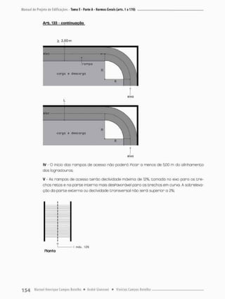 Manual de Projeto de Edificações - Tomo E - Parle A - Normas Gerais (arts. 1 a 170}
Arb, 133 - conbinuoção
> 3,G0m
eixo
L
1
eixo
IV - O inicio dos rompas de acesso não poderá Picar o menos de 5jOÜ m do alinhamento
dos logradouros:
V - As rampas de acesso terão declividade máxima de cornada no eixo para os tre-
chos recos e na parce interna mais desPavorável paro os trechos em curvo. A sobreleva-
ção da parte externa ou declividade transversal não será superior a 2%;
i
l
i
— ! —
1
i
i mfi*. 1
2
%
Planta
 