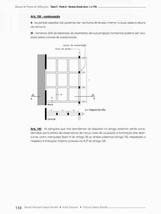 Arb. 139 - conbinuoção
II - As portes vazadas não poderão cer nenhuma dimensão inPerior a duos vezes o altura
do nervura;
III - Somente 20% do extensão do pavimente de sua projeção horizontal poderã ser ocu-
pada pelas colunas de sustentação.
A
coluno (
S
e sustentação
muro de divisa ,
Ronto
M-
/
1
.A
ç c c
U U 1
• • •
Corre AB II
c = largura do vão
Arb, 140 - As pérgulos que não atenderem ao disposto no artigo anterior serão consi-
deradas para ePeito de observância de recuo, taxa de ocupação e iluminação das aber-
turas, como rnarquises (item lll do ortigo 16) ou óreas cobertas (artigo 75), ressalvado o
respeito â limitação máxima prevista no § 2^ do artigo 136,
 