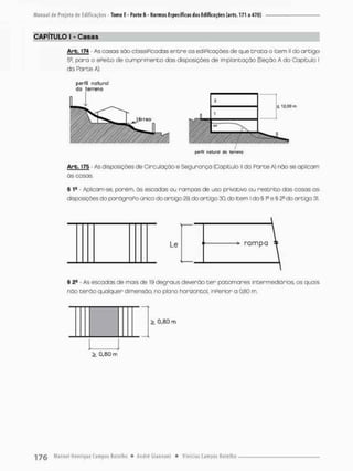 CAPITULO I - Casas
Arb. 174 - As casas sõo clossiPicodos entre os ediPicações de que t r o c a o item ll do artigo
5a, poro o ePeito de cumprimento das disposições de implontoção (Seçõo A do Capitulo I
do Farte A).
perfil notural
do terreno
£ lZ.ODm
perfil ndtufor do terreno
Arb. 175 • As disposições de Circulação e Segurança (Capitulo ll da Parte A) não se aplicam
òs casas.
§ 1a - Aplicam-se, porém, ãs escadas ou rampa® de uso privativo ou restrito das oasas as
disposições do parógroPo único do artigo 29, do ortigo 30, do item Idoê 1° e § 2° do artigo 31
Le rampa
§ 2fi - As escadas de mais de 19 degraus deverão t e r patamares intermediários, os quais
não terõo qualquer dimensão no plano horizontal, inPerior a 0,80 m.
0,80 m
0.80 rm
 