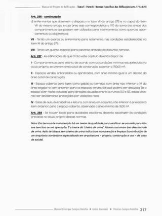 A r b , £86 - conbinugçno
d) enPermor ios que observem o disposto no item VII do ortigo 275 e no copuc do item
Viu do mesmo artigo, e cuja área seja correspondente a 1/10 do sonna das áreas dos
compartimentos que possam sen utilizados para internomento, como quartos, apar-
tamentos ou aíajamentos:
Vil - Terão unn quarto ou enfermaria paro isolamento, nas condições estabelecidas no
Item Xil do arGigo 275;
VIII - Terão um quarto especial pora paciente aPetado de distúnbio nervoso,
Arb. 287 • As ediPicações de que t r a t a este capitulo deverão dispor de:
I - Comporeimentos pora veSõrio, de acordo com os condições mínimos estabelecidas no
titulo próprio, se tiverem área total de construção superior a 760,00 m?;
II - Espaços verdes, arborizados ou ajardinados, com ãreo minimo igual o um décimo do
órea total de construção;
III - Espaço coberto pana lazer como galpão ou terraço com área não inPerior o VA da
área exigida no item anterior para as espaços verdes da qual poderá ser deduzida. Se o
espaço tiver Poces voltadas para direções situadas entre os rumos SO e SE, estas deve-
rão sen devidamente protegidos pon vedações Pixas:
IV - Salas de aulo, de trabalhos e leitura, com ãrea, em conjunto, não inPerior à previsto no
item anterior para o espaço coberto, observada o área mínima de 16,00
Arb. 268 - Se houver locais para atividades escofares, deverão sotisPazer ás condições
previstas no titula próprio destas normas.
Nota: Em termos de manutenção há um teste de qualidade para verificar se um asilo para ido-
sos tem boa ou má operação. É o teste do "cheiro de urina", idosos costumam ter descontrole
de urina. Asilo de idosos sem cheiro de urina indico boa manutenção e limpeza (contribuição de
um arquiteto nordestino especializado em arquitetura - projeto, construção e uso - de casa
de saúde).
 