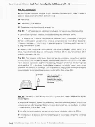 Arb. 352 - c o n t i n u a ç ã o
Vi - Instalações sanitárias {sempre no piso de mais Pócil acesso para poder atender a
pessoas dosas e com dfPiculdade de locomoção);
VII - Vestiários
VilI • Administração e serviços;
IX • Estacionamento de veiculas de transporte,
Arb. 353 - A edipiooção deverá sctisPazer, ainda, pelo menos, aos seguintes nequisitos;
I - Os locais de ingresso e saída de pessoas terão largura mínima de 3,00 m;
II - Os espaços de acesso e circulação de pessoas, como corredores, passagens,
õtrios e vestíhulos de uso comum ou coletivo, sem prejuízo da observância das condi-
ções estabelecidos pora a cotegoria da ediPicação, no Capitulo II do Parte A, t e r ã o
a largura mínima de 2,00 m;
III - As escadas e rampos de uso comum ou coletivo terão largura mínima de 2,00 m e,
ainda, respectivamente, degraus com largura mínima de 0,31 m e altura máximo de 0.16 m
e declividade máxima de 10%,
Arb. 354 - Nos locais de embarque e desembarque de pessoas ou carga, haverá pistas
para a circulação e parada de veículos e passeios exclusivos para a circulação ou espe-
ra de pessoas separadas, os primeiras das segundos, por um desnível mínimo (regra de
segurança) de 0,15 m. As pistas de circulação e parada de veículos terão as condições
previstas nos itens I a VIII do artigo 133 e os passeas ou espaços de circulação e espera
de pessoas terão os requisitos previstos nos itens L ll e lll do artigo 353.
A J I U I D d o I ™ * 5 - F L O Í O . L T M ,
Em algumas cidades,
]un1<? d porcdo da Snllj-jí.
O rneio-líoé tHSm mais ÇJIIQ
par sefjyiança e paia facilitar
a embarque.
Arb. 355 - A ediPicação, além do disposto nos artigos l£6e 129, deverá obedecer ás seguin-
tes condições
I - As salas de recepção, espera e atendimento, bem como o local de parada ou ponto de
veículos, quando cobertos, disporão de iluminação de emergência, nas condições previstas
no Capítulo ll do Título A da Parte A;
II - As salas de recepção, espera e atendimento terão pé-dineito minimo de 3,00 m:
III - Deverá dispor de depósito de material de limpeza, de conserto e outros Pins, com área
de 4,00 m2.
 