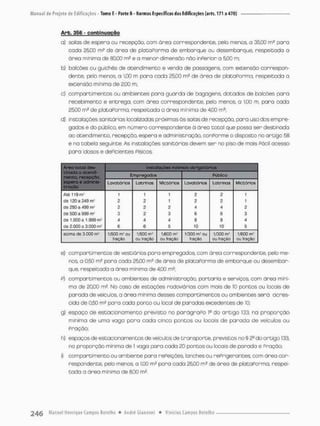 A r b . 356 - c o n t i n u a ç ã o
a) solos de espero ou recepção, com órea correspondente, pelo menos, o 35,CO m2 poro
cada 25,00 m? de área de placa Porma de embarque ou desembarque, respeitada o
área mínima de 90,00 m 2 e o menor dimensão nõo inPerior o 5,00 m;
b) balcões ou guichês de atendimento e venda de passagens, com extensão correspon-
dente, pelo menos a 1,00 m para coda 25,C0 m2 de área de plataPorrna. respeitada a
extensão mínimo de 2,00 m;
c) com parti men tos ou ambientes pora guarda de bagagens, datados de balcões para
recebimento e entrega, com área correspondente, pelo menos, o 1,00 m, para cada
2500 m2 de plataPorma, respeitada a área mínima de 4,00 m2;
d) instalações sanitánias localizadas próximas ãs solas de recepção, para uso desempre-
gados e do público, em número correspondente ã área t o t a l que possa ser destinada
ao atendimento, recepção espera e administração, conPorme o disposto no artigo 58
e na tabela seguinte. As instalações sanitárias devem ser no piso de mais Pácil acesso
para idosos e deficientes Pisicos;
Área toCat des- Instalações mínimos obrigatórias
tinada • atendi-
mento, recepção. Empregados Ptibllco
espera e odmtnis-
Groç&o
Lavatórios Latrinos Mictórios Lovatórios Latrinas Mictórios
Até 1l9m? 1 1 1 2 2 1
efe 120 a 249 m* 2 2 1 2 2 1
de 250 a -399 m! 2 2 2 4 2
cie 500 a 999 3 2 3 6 6 3
de 1.000 a 1.999 mz 4 d à 3 3 â
de 2,000 a 3.000 m1 6 6 5 10 10 5
acima de 3.0Q0 1/500 ou 1/500 tf? 1/600 m1 1/300 mJ ou t/300 mp 1/600 m5
fração ou (ração ou Iraçao fração ou fração ou Iraçao
e} campartimentos de vestiários para empregados, com órea correspondente, pelo me-
nos, a 0,50 rn? para cada 25,00 m? de área de plataPorma de embarque ou desembar-
que. respeitada a área mínimo de 4,00 m2;
P) com parti men tos ou ambientes de administração, portaria e serviços, com área míni-
ma de 20,00 m? No caso de estoções rodoviárias com mais de 10 pontos ou locais de
parada de veículos a área mínima desses campa rtimentos ou ambientes será acres-
cida de 0,50 m2 para cada ponto ou local de paradas excedentes de 10
g) espaço de estacionamento previsto no parágraPo i4 do a r t i g o 133, na p r o p o r ç ã o
mínima de uma vago p o r a cada cinco pontos ou locais de parada de veiculas ou
Praçóo;
h) espaços de estacionamentos de veículos de transporte, previstos no § 2a do artigo 133,
na pnoporçóo mínima de I vaga para cada 20 pontos ou locais de parada e Praçóo;
i} com parti ment o ou ambiente para rePeições, lanches ou rePrigerantes, com área cor-
respondente, pelo menos, a 1,00 ms para cada 25,00 m£ de área de plataPorma, respei-
tada a área mínima de SOO m2,
 