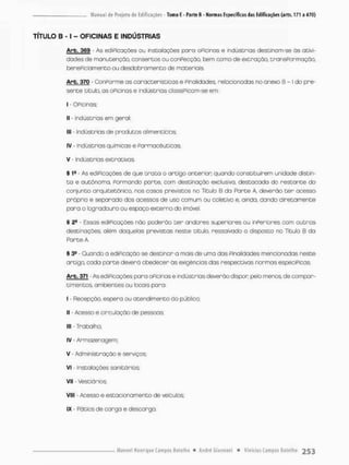 TÍTULO B - i - OFICINAS E INDÚSTRIAS
Arb. 369 - As ediPicações ou instalações para oPicinas e indústrias destinam-se às ativi-
dades de manutenção, consertos ou conPecçõo, bem como de extração, tronsPormoção,
benePiciamento ou desdobramento de materiais.
Arb. 370 - ConPorme as características e Pinalidodes, relacionadas no anexo 8 - I do pre-
sente título, as oPicinas e indústrias classiPioam-se em;
i - OPicinas;
l] - Indústrias em gerai;
llt - Indústrias de produtos alimentícias
iv - indústriasquímicase Farmacêuticas
V - Indústrias extrativas.
§ 1a - As ediPicações de que t r a t a o artigo anterior quando constituírem unidade distin-
t o e autônoma, Formando parte, com destinação exclusiva, destacada do restante do
conjunto arquitetônico, nos casos previstos no Titulo B da Parte A, deverão ter acesso
própria e separado dos acessos de uso comum ou coletivo e. ainda, dando diretamente
para a logradouro ou espaço externo do imóvel.
§ 2- • Essas ediPicações não poderão ter andares superiores ou ínPerbres com outras
destinações, além daquelas previstas neste título, ressalvado o disposto na Título B da
Parte A,
§ 3S Guando a ediPícaçào se destinar a mais de uma dos Finalidades mencionadas neste
artrgo, cada parte deverá obedecer ãs exigências das respectivas normos especíPicas.
Arb. 371 • As ediPicações para oPicinas e indústrias deverão dispor, pelo menos de compar-
timentos, ambientes ou locais pora;
I - Recepção espera ou atendimento do público;
II - Acesso e circulação de pessoas;
III - Trabalho;
IV - Armazenagem:
V - Administração e serviços;
VI - Instalações sanitárias;
VII - Vestiários
VIII - Acessa e estacionamento de veículos:
IX • Pátios de carga e descargo.
 