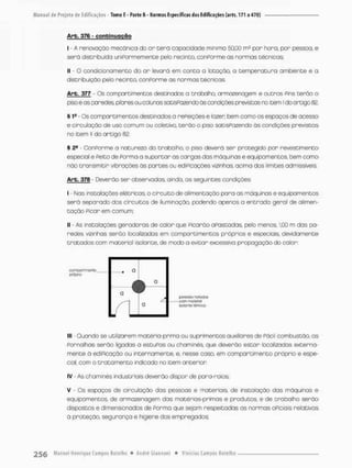 Arb. 376 - c o n t i n u a ç ã o
I - A renovação mecânica do an t e r ã capacidade minima 50,00 m3 pon hora, pon pessoa, e
serã distribuída uniformemente pelo recinto, conPorme as normas técnicas;
II - O condicionamento do a r levará em conta a lotação a t e m p e r a t u r a ambiente e a
distribuição pelo recinto, conPorme as normas técnicas
Arb. 377 • Os comportamentos destinados a tncbalha armazenagem e outros Fins terão o
piso e as paredes, pilares ou colunas satisfazendo ás condições previstas no item I do ontigo 82.
§ 1- - Os compartimentos destinados a rePeições e lazen bem como os espaços de acesso
e circulação de uso comum ou coletivo, terão o piso satisPazendo ás condições previstas
no item II do antigo 82,
§ - ConPorme a natureza do trabalho, o piso deverá ser protegido por revestimento
especial e Peito de Porrna a suportar as cargas das máquinas e equipamentos, bem como
não transmitir vibrações ás portes ou ediPicações vizinhas, acima dos limites admissíveis.
Arb. 378 - Deverão sen observados, ainda, as seguintes condições
I - Nas instalações elétricas o circuito de alimentação para os máquinas e equipomentos
sená separado dos circuitos de iluminação, podendo apenos a entrada geral de alimen-
tação Picar em comum:
II - As instalações geradoras de calor que Picarão apostadas, pelo menos, 1,00 m das pa-
redes vizinhas serão localizadas em compartimentos próprios e especiais, devidamente
t r a t a d o s com material isolante, de modo a evitar excessivo propagação do calor:
III - Quando se utilizarem matéria-prima ou suprimentos auxiliores de Pácil combustão, as
Fornalhas serão ligadas a estuFas ou chaminés, que deverão estar localizadas externa-
mente à ediPicação ou internamente, e, nesse coso, em compartimento práprjo e espe-
cial, com o t r a t a m e n t o indicado no item ontenion
IV As chaminés industriais deverão dispor de para-raios:
V - Os espaços de cirçuloção das pessoas e materiais, de instalação das máquinas e
equipamentos, de armazenagem das matérias-primas e produtos, e de trabalho serão
dispostos e dimensionados de Ponma que sejom respeitadas as normas oPiciais relativas
ã proteção, segurança e higiene dos empregados;
fXji&dos íTiicdas
ccrr nxjíGfial
Ismanla Húmco
 