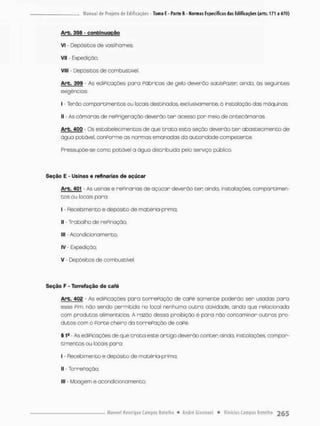 Arb. 398 - conbinugçãe
VI - Depósitos de vasilhames;
VI! - Expediçõo;
vim - Depósitos de combustível.
Arb. 399 - As ediPicações para Pàbricas de gelo deverão satisPazer; ainda, ãs seguintes
exigências:
I Terão comoortimentos ou locais destinados, exclusivamente ã instalação das mãquinas;
II - As câmaras de refrigeração deverão t e r acesso por meio de antecãmaras.
Arb. 400 - Os estabelecimentos de que t r a t o esta seção deverão ter abastecimento de
ãgua potável, conPorme as normas emanadas da autoridade competente.
Pressupõe-se como potãvel a ãgua distribuída pelo serviço público
Seção E - Usinas e refinarias d e açúcar
Arb. 4Q1 As usinas e rePinorios de açúcar deverão ten ainda, instalações, compartimen-
tos ou locais paro:
I - Recebimento e depósito de matéria-primo;
II - Trabalho de refinação;
III - Acondicionamento:
IV - Expedição;
V - Depósitos de combustível.
Seção F - Torrefação de café
Arb. 402 - As ediPicações para torrePação de caPé somente poderão ser usadas pana
esse Pim, não sendo permitido no local nenhuma outra atividade, ainda que relacionada
com produtos alimentícios A razão dessa proibição é para não contaminar outros pro-
dutos com o Ponte cheiro da torrePação de caPé.
§ 1a - As ediPicações de que t r a t a este artigo deverão conten ainda, instalações compar-
timentos ou locais para;
I - Recebimento e depósito de matéria-prima;
II - TorrePação;
III - Moagem e acondicionamento;
 