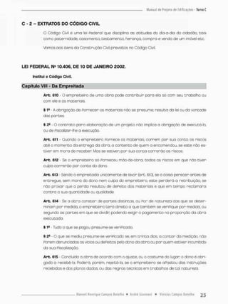 C - 2 - EXTRATOS DO CÓDIGO CIVIL
O Código Civil é uma lei Pederai que disciplina as atitudes do dia-a-dia do cidadão, cais
como paternidade, casamento, testamento, herança, compra e venda de um imóvel etc,
Vámos aos itens da Construção Civil previstos no Código Civil.
LEI FEDERAL Ns 10.406, DE 10 DE JANEIRO 2002.
Institui o Código Civil.
Capítulo VIII - Da Empreitada
Art. 610 - o empreiteiro de uma obra pode contribuir para ela só com seu trabalho ou
com ele e os materiais.
§ Ia - A obrigação de Pornecer os materiais não se presume; resulta da lei ou db vontade
dos partes,
§ - O contrato paro elaboração de um projeto não implica a obrigação de executó-lo,
ou de Piscaiizar-lhe a execução.
Art. 611 - Quando o empreiteiro Pornece os materiais, correm por sua conto os riscos
até o momento da entrega da obra, o contento de quem a encomendou, se este não es-
tiver em mora de receber Mas se estiver por sua conta correrão os riscos.
Art. 612 - Se o empreiteiro só Forneceu mão-de-obro, todos as riscos em que não tiver
culpa correrão por conta do dono.
Art. 613 - Sendo a empreitada unicamente de lavar {art. 610). se o coisa perecer antes de
entregue, sem mora do dono nem culpo do empreiteiro, este perderá o retribuição, se
não provar que o perda resultou de dePeito dos materiais e que em tempo reclomara
contra a suo quantidade ou qualidade.
Art. 614 - Se a obra constar de partes distintos, ou Por de natureza das que se deter-
minam por medida, o empreiteiro terá direito a que também se veriPique |Dor medido, ou
segundo as partes em que se dividir podendo exigir o pagamento na proporção do obra
executada
§ 1s - Tudo o que se pagou presume-se ve ri picado,
§ 2fi • O que se mediu presume-se veriPicado se. em trinta dias a contar da medição, nâo
Porem denunciados os vícios ou dePeitos pelo dono do obro ou por quem estiver incumbido
da sua Fiscalização.,
Art. 61S - Concluída a obra de acordo com o ajuste, ou o costume do lugar o dono é obri-
gado a recebê-la, Poderá, porém, rejeitá-la. se o empreiteiro se aFastou das instruções
recebidas e dos planos dadoa ou das regras técnicas em trabalhos de tal natureza.
 