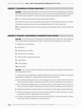 Capítulo l - Consultórios e clínicas veterinárias
Arb. 463 - As ediPicoções destinodos o clínicos veterinários, além das exigências constantes
dosortigos 460,461 e 462, deverõo oonter compartimentos locais do atendimento e exome,
com área mínima de 16.00 m2 A área rniníma de cada compartimento será de 6.00 ms
§ I9 - Os compartimentos de que t r a t o este artigo deverão-
a) ter pia com água corrente, quando náo dispuserem de instalação sanitária em anexo.:
b) paredes e piso, que preencham as condições dos itens VI e Vlll do artigo 461,
§ 2S • As ediPicações de que t r a t a este capítulo não poderão possuir internamento de
animais.
Capítulo II - Hospitais, mater riidades e ambulatórios para animais
Arb. 464 As ediPicações pora hospitais de tratamento de animais, além das exigências
dos artigos 460, 461 e 462, deverão Conter compartimentos, ambientes ou focais para:
I Alojamento ou enPermaria:
II - Isolamento:
III - Atendimento ou exame:
IV - Tratamento e curativos;
V • Intervenções e serviços cirúrgicos;
VI - Laboratório:
VII - EnPermagem:
VIII - Necrotério,
Arb» 465 - Aos compartimentos, ambientes ou locais previstos no artigo anterior oplicam-
se os seguintes normas:
I - O alojamento será adequado à espécie e tamanho dos animais e dotado de condições
especiais para assegurar a higiene local e dos animais, e deverá t e r
a) para animais de pequeno porte, como cães, gatos e outros, área mínimo de 2,00 m3
;
menor dimensão, no plono horizontal, não inPerior a 1,00 m, e pé-direito minimo de 1,50 m;
b) para animais de grande porte, como cavalos bois e outros, área mínima de 12,00 m2;
menor dimensão, no plano horizontal, não inPerior a 3,00 m, e pé-direito mínimo de3,50 m;
II - Alojamento especial, que deverá permitir isolamento e observação, quando destinado.
a) a animais de pequeno porte, terá área minima de &Q0 m^; menor dimensão, no plano
horizontal, de 2,00 m, e pé-direito mínimo de 2,50 m:
b) a animais de gronde porte, terá áreo mínima de 2500 m2; menor dimensão, no plano
horizontal, de 5,00 m e pé-direito minimo de 3,50 m;
 