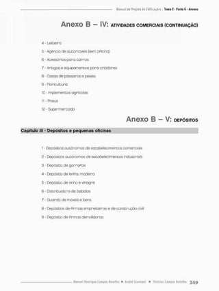 Anexo B = IV: ATIVIDADES COMERCIAIS (CONTINUAÇÃO)
4 • Leiloeiro
5 - Agencio de automóveis (sem oPicina}
6 - Acessórios para c a r r o s
7 - Artigos e equipamentos pora criadores
8 - Cosas de pássaros e peixes
9 • Floricultura
10 - Implementos agrícolas
1
1 • Pneus
12 - Supermercado
Anexo B - V: DEPÓSITOS
Capítulo lll - Depósitos e pequenas oficinas
1 • Depósitos autônomos de estabelecimentos comerciais
2 - Depósitos autônomos de estabelecimentos industriais
3 - Depósito de g a r r a Pas
4 - Depósito de lenha, madeira
5 - Depósito de vinho e vinagre
6 - Distribuidora de bebidas
7 - Guarda de móveis e bens
8 - Depósitos de Pirmas empreiteiras e de construção civil
9 - Depósito de Pirmas demolidoras
 