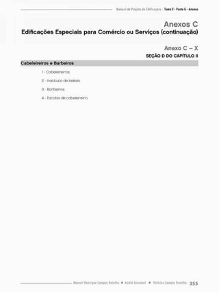 Anexos C
Edificações Especiais para Comércio ou Serviços (continuação)
Anexo C - X
SEÇÃO D DO CAPÍTULO II
Cabeleireiros e Barbeiros
1 - Cabeleireiras
2 - Instituto de beleza
3 - Barbeiros
4 - Escolos de cabeleireiro
 