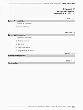 Anexos F
ENSINO NÃO SERIADO
(REFERENTE AO TÍTULO F)
ANEXO F - I
Cursos Preparatórios
1 * Cursos de mcidurezo
2 - Cursos supletivos
ANEXO F - S
I
Cursos d© Informática
1 - Desenho e decoração
2 - C o r t e e costura
3 - Cu linú rio
4 - Danças e bailados
5 - Programação de dados
ANEXO F - lll
Academias Esportivas
ANEXO F - IV
Autoescolas
 