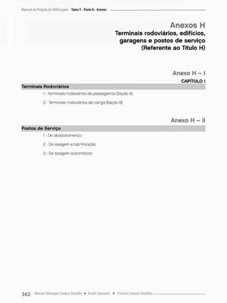 Anexos H
Terminais rodoviários, edifícios,
garagens e postos de serviço
(Referente ao Título H)
Terminais Rodoviários
1 • Terminais rodoviários de passageiros (Seção A)
2 - Terminais rodoviários de canga (Seção G)
Anexo H - I
CAPÍTULO I
Postos de Serviço
1 - De abastecimento
2 - De lavagem e lubriPicação
3 - De lavagem automática
Anexo H - II
 