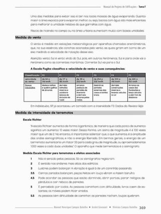 Urna das medidas pano evitar issoé cer nos locais mossas de dguc evaporando, Guonto
maior a órea exposta pora evaporar melhor ou seja. bacias com água são mais eficientes
pora melhorar a umidade relativa do que ganraPas com água.
Riscos de incêndio no campo ou na órea urbana aumentam muito oom baixas umidades.
Medida do vento
O vento é medido em estações meteorológicos por aparelhos chamados anemúrnetros
que, na sua essência, são conchas acionadas pelo vento, as quais giram em t o m o de um
eixo medindo a velocidade de rotação desse eixo.
Atenção: vento Sul ê vento vindo do Sul, pois em outros fenômenos, Sul é para onde vai o
Penõmeno como as correntes marítimas. Corrente Sul vai para o Sul.
A Escala Fugita classifica a velocidade do vento e suas conseqüências:
ClossiFicaçõo F0 Ft FZ F3 F4 F5
velocidade d e 64 a d e 117 0 d e I9t a do 254 a d e 333 o de 420 0
cio v e n t o 116 km/h 180 hmfh 253 km/h 332 kmrti 419 km/h 512 km/h
Do noa desloco telhas derruba onranco destrui os derruba Ànronco 09
c a u s a d o s q quebra galhos telhados pedaços de paredes construções casos dos
de árvores Inteiros e paredes de externas das inteiras b Fundações e
íHjbdõdfS alvênorra casas e camba levanto vèiculas lança veículos
(placas do a derruba erens da ar a ate 1 km da
ornincios de úrvores pelos distância
ruas) roíies
Em Indaiatufca, SR jã aconteceu um tornado com a intensidade F3, Dados da Revista Veja.
Medida da intensidade de terremotos
Escala Riehter
"A escola Riehter aumenta de Porma logoritmica, de maneira que cada ponto de aumento
signiPica um aumenta 10 vezes maior Dessa Porma, um sismo de magnitude 4 é 100 vezes
maior que um de 2. No entanto, ê importante salientar que, o que aumenta, é a amplitude
dos ondas sismog rã Picas, e não a energia liberada. Em termos gerois, o energro de um
t e r r e m o t o aumentaria um Pator 33 para cada grau de magnitude, ou aproximadamente
1.000 vezes o cada duas unidades." O aparelho que mede t e r r e m o t o s é o sismãgropo.
Medida Escala Riehter para terremotos e efeitos associados
1 Não é sentido pelas pessoas Só os sismógraPos registram.
2 É sentido nos andores mais altos dos ediPícios
3 Lustres podem balançar A vibração ê igual ã de um caminhão passando.
3.5 Carros parados balançam, peças Peitas em louça vibram e Pazem barulha
4.5 Pode a c o r d a r as pessoas que estão dormindo, a b r i r portas, p a r a r relógios de
pêndulas e cair reboco de paredes.
5 É percebido por todos. As pessoas caminham com diPiculdade, livros caem de es-
tantes; os móveis podem Picar virados.
5.5 As pessoas t ê m diPiculdade de caminhar as paredes racham, louços quebram.
 