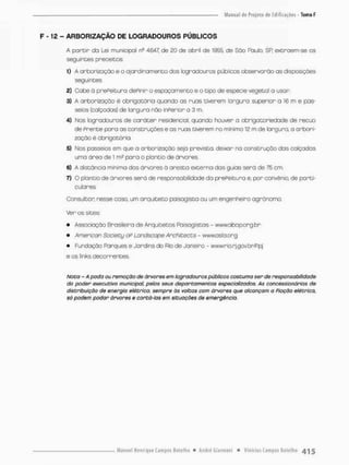 F -12 - ARBORIZAÇÃO DE LOGRADOUROS PÚBLICOS
A poreir do Lei municipal n3 4647, de 20 de abril de 1955, de Sòo Paulo, SR excraem-se os
seguintes preceitos;
1) A arborizaçõo e o ajardiramento dos logradouros públicos observarão as disposições
seguintes
2) Cabe á prePeituro dePinir o espaçamento e o tipo de espécie vegetal o usar.
3} A arborizaçõo é obrigatório quondo as ruas tiverem largura superior a 16 m e pas-
seios (calçadas} de largura não inFerior a 3 m.
4) Nos logradouros de c a r ã t e r residencial, quando houver o obrigatoriedade de recuo
de Prente poro as construções e os ruas tiverem no mínimo 12 m de largura, o arbori-
zaçâo é obrigatória.
5) Nos passeios em que a arborizaçõo seja prevista, deixar na construção dos calçadas
uma órea de 1 m£ para o plantio de arvores.
6} A distância mínima dos órvores ã aresta externo das guias seró de 75 cm.
7) O piantio de arvores send de responsabilidade da prePeituro e. por convênio, de parti-
culares
Consultar nesse caso, um arquiteta paisagisto ou um engenheiro agrônomo.
Ver os sites;
• Associação Brasileira de Arquitetos Paisagistas - www.abop.org.br
• American Sociecy oP Londscope Archiceccs - www asta o r g
• Fundação Parques e Jardins do Rio de Janeira - www.rb.rj.gav.br/ppj
e os links decorrentes,
Nota - A poda ou remoção de árvores em logradouros públicos costuma ser de responsabilidade
do poder executivo municipal, pelos seus departamentos especializados. As concess/onárias de
distribuição de energia elétrica, sempre às natos com árvores que alcançam a fiação elétrica,
só podem podar árvores e cortá-las em situações de emergência.
 