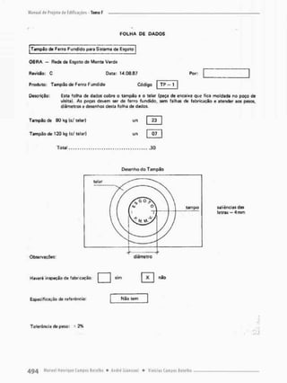 FOLHA DE DADOS
j Tampão de Ferro Fundido para Sistema de Esgoto
OBRA - Rede de Esgoto de Monte Verde
Revisão: C Data: 14.08.87
Produto: Tamplo de Ferro Fundido Código
Por:
TP — 1
Descrição: Esta folha de dado$ cobre o tampão e o telar (peça de encaixe que fica moldada no poço de
visita). As peças devem ser de ferro fundido, sem falhas de fabricação e atender aos pesos,
diâmetros e desenhos desta folha de dados.
Tempão de 80 kg (c/ telar>
Tempão de 120 kg |c/ teiarí
un 23
un 07
Total .30
Desenho do Tarripao
Observações:
saliências das
letras - 4mm
diâmetro
Haverá inspeção de fabricação
• B X não
Especificação de referência: Não tem
Tolerância de peso: 2%
 