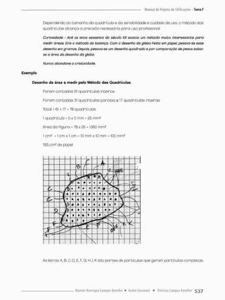 Dependendo do tamanho do quodnículo e do sensibilidade e cudado de uso, o método das
quadrículas alcança a precisão necessária pana usa pnoPissíonal.
Curiosidade • Até os anos sessenta do século XX existia um método muito interessante para
medir áreas. Era o método da balança. Com o desenho da gleba Peito em papel, pesava-se esse
desenho em gramas. Depois, pesava-se um desenho quadrado e par comparação de pesos sabia-
se a área do desenho da gleba,
Nunca abandone a criatividade.
Exemplo
Desenho da ãrea a madir pelo Método das Quadrículas
Foram contadas 61 quadrículas inteiras
Foram contadas 31 quadrículas parciais s 17 quadrículas inteiras
Total = 61 •+17 = 78 quadrículas
1 quadricula = 5 x 5 mm = £5 mm2
Área da Figura = 78 x 25 = 1950 mm1
1 cm2 = 1 cm x 1 cm = 10 mm x 10 mm = 100 mm2
19.5 cm* de pape!
/ i r 1
/ 1
p 
V y
/ J A
i J » J
s.
*
» » * *
* A
6 t> < * e * * • »
6
%
- — 0 * * n * ò t *
* » » a » 1 4 <
b
* « * # * » •
v
1 * * 4 É #
-•*
_ * 1 * 1  N r /
 O ;
fi
V
"vK-
íN lr
 
 rv
As letras A, 6, C, D, E, E G. H, I. K são partes de partículas que geram partículas completas.
 