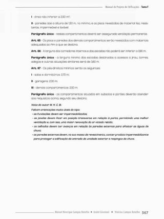 I - óreo não inPerior a 2,50
II - paredes acé a altura de 1,50 m, no mínimo e os pisos revestidos de material liso, resis-
tente, impermeável e bvável.
ParágraPo único • nestes compartimentos deverá ser assegurado ventilação permanente,
A r t . 65 - Os pisos e paredes dos demais compartimentos serão revestidos com materiais
adequados ao Pim a que se destina,
A r t . 66 - A largura dos corredores internos e das escadas não poderá ser inPericr a Q90 m,
ParágraPo único • a largura mínima dos escadas destinadas a acessos a jirau. torres,
adegas e outras situações similares será de 0,60 m
A r t . 67 • Os pés-direicos mínimos senão os seguintes
I - saias e dormitórios 2,70 m;
II - garagens: 2,30 m;
III - demois compareimentos: 2,50 m
ParágraPo único - os compartimentos situados em subsolos e poróes deverão atender
aos requisitos ocimo, segundo seu destino,
Nota do autor M, H. C. 8.;
Faltam orientações muito úteis do tipo:
- a$ Fundações devem ser impermeabilizados;
- as janelas devem Ficar em posição transverso em relação à porta, permitindo uma melhor
ventilação e, com isso, uma maior renovação do ar viciado retido:
- os telhados devem ter avanços em relação òs paredes externas para aFastar as águas de
chuva;
- as paredes externas devem, na sua mossa cie revestimento, conter produto impermeabitizante
para proteger a ediPicação da entrada de umidade exterior e respingos da chuva.
 