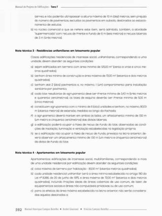 térreo, e nõo poderõo ultra passar a altura máxima de iO rn (dez) metros, sem prejuízo
do número de pavimentos excluídos os pavimentos em subsolo, destinados ao estacio-
nomento de veículos
b} no núcleo comercial a que se reRere este item, seró admitida, também, a atividade
"supermercado* com recuos de Prente e Pundo de 6 m (seis metros) e recuos laterais
de 3 m (três metros).
Nota técnica 3 - Residências unifamiliares e m loteamento popular
Cosas; ediPicações residenciais de interesse socai, uniPamiliores, correspondendo a umo
unidade, devem atender as seguintes condições:
a} sejam ediPicados em terreno com área minima de 125,00 rrr (cento e vinte e cinco me-
tros quadrados);
b) tenham área minimo de construçõo e área máxima de 72,00 nf {setenta e dois metros
quadrados):
c) tenham até 2 (dois) pavimentos e, no máximo, 1 (um) compartimento para instafoção
sanitária por pavimento:
d) coda lote resultante do agrupamento deve ter prente mínima de 3,40 m (três metros
e quarenta centímetros}: os lotes de esquino deverào ter Prente minimo de üQQ m
(cinco metros);.
e) constituam agrupamento com o mínimo de S (oito) unidades e tenham, no máximo, 80,00
m (oitenta metros) de extensão, medidos ao longo da Pachcda,
P) o agrupamento deverá manten em ambos os ledos um oPastamento mínimo de 1,50 m
(um metro e cinqüenta centímetros) das divisas laterais
g) a ediPicação poderá ocupar o Poixa de recuo de Pundo do lote, observadas as condi-
ções de insolação, iluminação e ventilação estabelecidas na legislação própria:
h) se o ediPicação não ocupar a Paixa de recuo de Pundo, prevista na letra anterior; de-
verá observar um aPostamento mínimo de 1,50 m (um metro e cinqüenta centímetros)
da divisa de Pundo do lote,
Nota tócnica 4 - Apartamentos em loteamento popular
Apartamentos: ediPicações de interesse social muitiPamiIrares, correspondendo a mais
de uma unidade residencial por ediPicação devem atender òs seguintes condições:
a) cota máxima de terreno por habitação - 80,00 rrí' (oitenta metros quadrados);
b) coda unidade residencial uniPamiliar terá a dreo mínima estabelecida no artigo 180 da
Lei nD S266, de 20 de junto de 1975, e área máxima de 72,00 m2 (setenta e dois metros
quadrados), incluindo Prações ideais de áreas cobertas de uso comum, de lazer de
equipamentos sociais e áreas nôo-compuDúveís privativas ou de uso comum;
c) para os ePeitos da área máxima estabelecida na letra anterior nõo serão considera-
das aquelas destinadas o:
 