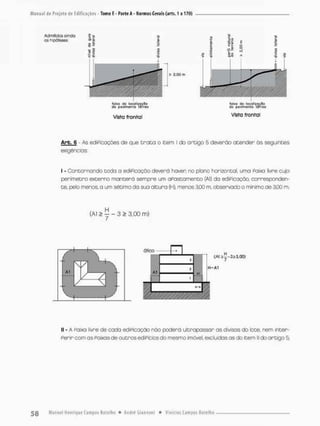 AdmiliCiQS QirXÍO
os nipíteses;
faixo da
do pavimento térreo
Vista frontal
faixo do locóliioção
do pavimento lírreo
Vista frontal
z.aa m
Arb. 6 • As ediPicações de que traça o item l do artigo 5 deverão acender òs seguintes
exigências:
I • Contornando toda a ediPicação deverá haver no plano horizontal, uma Paixa livre cujo
perímetro externo manterá sempre um aFastamento (Al) da ediPicaçãq corresponden-
te, pelo menos, a um sétima da sua altura ÍH), menos 3.00 m, observado o msnrmo de 3.00 m
(Al > - - 3 > 3,00 m)
li - A Paixa livre de cada ediPicação rtóo poderú ultrapassar as divisos do lote, nem inter-
ferir com as Paixosde outros ediPictos do mesmo imóvel, excluídas as do item II do artigo 5;
 
