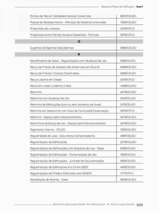 Roncos de Táxi em Estobelecimentos Comerciais s e m c E u s o
Postos de Abastecimento - Aferição de Distância entre eles 7G/94/CEUSO
Prescrição de Licenças 03/76/CFCC
Proporção entre Fãrtes Novos e Existentes - Fórmula OB/76/CPCO
0
Quadras de Esporte Descobertos 36/84/CEUSO
R
Recolhimento de Taxas - Regularização com Mudança de Uso 91/99/CEUSO
Recuo de Frente de Subsolo não Enterrado em 23 e 24 SO/99/CEUSO
Recuo de Frente / Cantos Chanprodos 59/92/CEUSO
Recuo Lateral em Casas 02/76/CPCO
Recuo em Lotes Lindeiros a Vilas 44ÍS6/CEUSQ
Reforma 23/78/CEUSO
Reforma com Mudança de Uso &Q/97/CEUSO
Reforma de EdiPicações (com ou sem Aumento de Área) 21/78/CEUSO
Reforma em Desacordo com Auto de Conclusão/Conservação Ü8/7B/CPCO
Reforma - Espaça paro Estacionamento 22/78/CEUSO
Reforma e Mudança de Uso - Espaço para Estacionamento 23/78/CEUSO
Regimento Interno - CEUSO 76/95/CEUSO
Regularidade do Late - Documento Comprobotórlo 49/B7/CEUSO
Regularização de Edificações 2078/CEUS0
Regularização de EdiPicações com Mudança de Uso • Taxas 91/99/CEUSO
Regularização de EdiFicações - Comprovação de Uso 48ÍB7/CEUSO
Reguiorização de Edificações • Juntada de Documentação &S/91/CEUSO
Regularização de EdiPicações 12 e C3 em 72IZ3 46/87/CEUSO
Regularização de Prédios EdiPicados a t é 2CTO9/72 11/77CPOO
Revalidação de Alvarás • Taxas 95/99/CEUSO
 