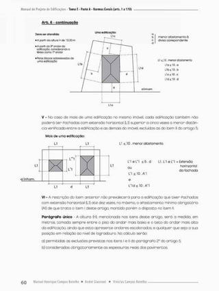 Arb. 6 - confcinugção
Deve ser atendida:
»A partir do oHura H de 12,00 im
* A Mrlir ÒO OnCfcr <ía
cdifcoçào. consdcranciO o
térreo oomo 1 ° andar
• Petos dooos sobre'ovados do
uma edificação
U
m
a edlflcoçüo:
Lie menor afastamento õ
diviso correpondente
LI £.10 menor tfosiomerto
Lias 10.o
L l b s l O . b
Lio s 10 . o
• d s i O . d
V - Mo coso de mais de unrso educação no mesmo imóvel, coda ediPicoção também não
poderá ter Pachadas com extensão horizontal (Li) superior a cinco vezes a menor distân-
cia veriPicada entre a ediPicação e as demais do imóvel, excluídas as do item II do artigo 5;
Mal$ de uma edificação;
L1 Li LI ^10. menor afastamento
L'l e L"1 ^ 5 . d LI. LI e L"1 = Extensão
a u horiníontol
da fachada
L"1 <M0.A'l
e
L*ld £ 10 . A'l
Vi - A restrição do item anterior não prevalecerá para a ediPicação que tiver Pachadas
com extensão horizontal ÍL1) até dez vezes, no máximo, o aPastamento mínimo obrigatório
(Al) de que t r a t a o item l deste artigo, mantido porém o disposto no item «l.
ParágraPo único - A altura (H), mencionada nos itens deste artigo, será a medida, em
metros, tomada sempre entre o pisa do andar mais baixo e o teco do andar mais alto
do ediPicação, ainda que esta apresente andares escalonados, e qualquer que seja a sua
posição em relação ao nível de logradouro. No cã leuIa serão:
a) permitidas as exclusões previstas nos itens l e ll do parágraPo 2o do artigo 5;
b) consideradas obrigatoriamente as espessuras reais dos pavimentei
 