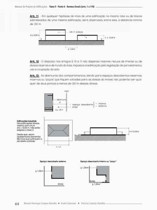 Art;, 11 - Em qualquer hipótese de móis de uma ediPicação no mesmo lote ou de blocos
sobnelevados de umo mesma ediPicação, será observada, entre eles, a distância mínimo
de 1.50 m
Hí 12,00 m
H í. 12.0-Q m
í l,50m
Arb. 12 - O disposto nas artigos 6,10 e II não dispensa maiores recuos de Prente cu de
divisas laterais e de Fundado lote. impostos ã ediPicação pelo legislação de parcelamento,
uso e ocupação do solo.
Arb. 13 • As aberturas dos compareimentos, dando para espaços descobertos externos,
internos ou "peços" que Piquem voltadas paro as divisas da imóvel, não poderão t e r qual-
quer de seus pontos a menos de 1,50 m dessas divisas,
Oiviso
. _ i
obertura
d
Oil.SCrm
- espaço descoberto <
- poço <
interna
ex terno
Edificações IndustTloSí
Nas edificações térreas,
mesmo com a ltura
(K) > >2,00 m. não serõo
exigidas o faina Li
Desde que1
sejam
apresentados elementos
técnicos que justifiquem o
cé-direito adotado
> LI
Espaço descoberto externo
í. 1,50 rn
divisa
Espaço descoberto interno ou 'poço'
1.50 (n
£ 1,5Qm'
 