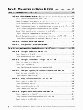 Parte A - Normas Gerais - arts. 1 e 2 55
Título A - A - Edificações em geral - art. 3 . . . . . . . . . . . . 55
Cop. I • AFoscamenco & Rachados - a r t s 4 a 22 55
Cap, II - Circulação e segurança - ares. - 23 a 48 71
Cop. III - ClassiPicação e divisão de compareimentos - arts. 49 a 59 102
Cap. IV - Insolação, iluminação e ventilação dos compareimentos - a r t s 60 a 79 108
Cap. V • ConPorco e higiene dos comparcimencos - ares 80 a 82 123
Cap. VI - Materials e elementos conscrutivos - ares. 83 a 103 125
Cap, VII - instalações e equipamentos - ares. 104 a 124 - ,133
Cap. Vlll - Espaços de eseacionomeneo de cargo e descarga - arts. 125 a 133 143
Cop IX - Obras complemencares das ediPicações - o r t s 134 a 157 156
Título A - B - Edificações mistas - arts. 158 a 166 169
Título A - C - Guias, passeios e muros - arts. 167 a 170 172
Parte B - Normas Específicas das Edificações - art. 171 175
Título B - A - Edificações residenciais - arts. 172 e 173 .175
Cop. l - Casas - ares. 174 a 178 176
Cap. II - Apartamentos - arts. 179 a 183 177
Título B - B - Edificações para comércio e serviços - arts, 184 e 185 179
Cop. I - Escritórios - ares. 186 o 190 179
Cap. II - Lojas - arts, 191 a 197 181
Cap. lll - Depósitos e pequenas oPicinas - ares. 198 a 205 184
Título B - C - Edificações Especiais para comércio ou serviços - arts. 206 a 212. 187
Cap, I - Comércio - arts, 213 a 234 .189
Cap. II - Serviços - ares 235 a 243 198
Título B - D - Hotéis, pensionatos e similares - arts, 244 a 251 .201
Cop, I - Hotéis - arts. 252 e 253 202
Cap. II - Pensionaeos - are. 254 .. 204
Cap lll - Casas de pensão - are, 255 205
Cap. IV - Mocéis - ores. 256 e 257 206
Título B - E - Hospitais, clinicas e congêneres - arts, 258 a 273 .207
Cap, I - Hcspieais - arts. 27A a 277 211
Cap. II - Clínicas e laboratórios de analise - ares, 278 a 284 213
Cap lll - Asilos - ares, 285 a 288 216
 