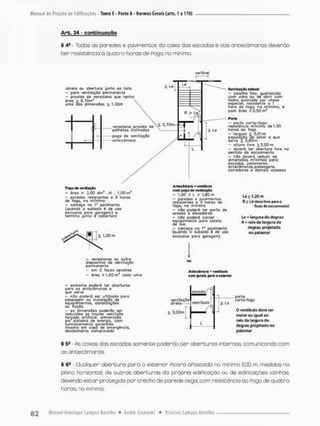 Arb. 34 - confcinugção
§ 4S - Tcdas as paredes e pavimentes da caixa das escadas e das ontecã moras deverão
t e r resistência a quatro horas de Pago, no minimo.
Janela DL abertura junto ao tato
— pana ventilação permonçnte
- provida de veneziana que lenho:
Srea > 0,70mf
uma oos d i m í n í í e a £ l.OOrn
veneziana provido de
cathetos inclínodos
poço do veniiloçSo
onlçcõmoríi
Poço de venllação
- fireo - 3,00 dm1 .H . 1,00 mJ
- peredes resistentes a 2 horas
de fogo, no mínimo
- c o m i d o fio i* po vim auto
(quando a subsolo è de usa
exclusivo porá qaroçem) e
termino Junto í cobertura
^ 1
.
D
Q m
- venezianas eu outro
dispositivo de ventilação
pârmanen to
- ç m 2 foces opostos
- Greo >l.00fn1 coda uno
Iluminaria natural
— caãxilho fixo, guarnççido
com vidro ou de obrir com
fecho _ acionado por chove
especial, resislen Le • 1
hora do fogo, no mínimo, b
com âreo < 0 , 5 0 m5
Porta
— porta eorto-fago:
resistÈíicio mínimo tio 1,50
horas co fogo
— targura > 0,01m
população da setor a que
servo i 0,fl0m
— alt ura livre £ 2.Q0 m
— deverí ter obertura livre no
sentida do escoamento
— não dsver& reduzir as
dimensães mínimas para:
escadas, patamares.
an t ecãma rns. po ssog ens,
corredores e demais acessos
Anle câmara - veallbuto
com poço de venlilsç-âo
- 1,50 < L > 1,60 m
- paredes c pavimentes
resistentes a £ horas de
togo, no mínimo
- nSo poderá ter porta de
acesso • elevadores
- nãp poderá conter
equipo mente poro coleta
de li*o
- começa no r pavimento
(quonda o subsolo è de uso
exclusivo para garagem)
eu
U > 1,20 nu
ft > Le (irea I Ivre para o
fluxo de escoamento)
Le = largura d o degrau
raio da largura, d 0
derjrau projetado
oo patamar
Antecâmara = Yestibulo
cem janela para o exterior
— «amante poderá tar obarturoa
paro os antacãmoras o
que sorvo
— n0D poderá ser utilizado paro
passagem ou instolaçSa do
equipamentos, canalizações
ou fiação
— os dimens&es poderão ser
reduíidas se houvBr VHntilçSO
forçada artificial, alimentada
par sistema de energia, com
funcionamento garantida
mesmo cm cosa de emergência,
devidamente comprovado
ventiloçSa
direla
S.ODm
£ Le
porto
corto-fogo
Oveitíbulo d e v e i e r
rrtslor ou iguelso
raio da largura d o
degrau projetado no
patamar
§ 5S - As coixas dos escadas somente poderão ter aberturas internas comunicando com
as antecômaras.
5 6a - Qualquer abertura para o exterior Picará aPastoda no mínimo 5,00 m, medidos no
plano horizontal de outras aberturas da própria ediPicação ou de ediPicações vizinhas
devendo estar protegida por trecho de parede cega, com resistência ao Pogo de quatro
horas r>o mínimo.
 