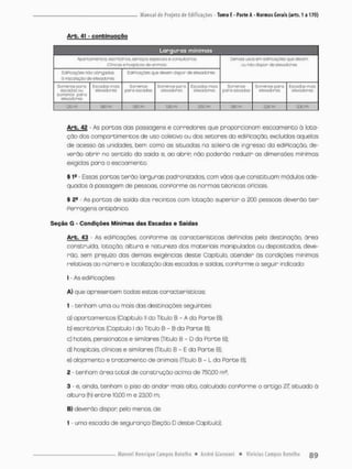 Arb. 41 - continuação
Larguras mínimas
Apartamentos. escritórios serviços espeao s e ocnsulHVios
Cênicas e Inóspitos de- cmirras
Cenais usas em ed PcocCes que de-am
ou r>So d w ds elevadores
EcSPcoçôes fiík? obrigadas
ò ms&afc>;0odoetav£Kl3rcs
EciPeoçiles q„e d&em ògpor de elevadores
Cenais usas em ed PcocCes que de-am
ou r>So d w ds elevadores
Somente paro
eâCOctüsOu
son->ente paro
efe,tideres
eSevKiórtSs
Somefio?
paro escopos
Somente poro
etenodbcea
Escoctes mas
éi&ÍSÒOreS
Somente
poro «codas
ScfTenC? paro
eieusdcreÊ
EsxKtas ÍTIOS
ei&ixiorés
120 m •30 m W m 1,50 m 250 m I30m 330 m 3J30 m
Arb. 42 • As portas das passagens e corredores que proporcionam escoamento à lota-
ção dos camportimentos de uso coletivo ou dos setores do ediPicação, excluídas aquelas
de acesso òs unidades bem como as situadas na saleiro de ingresso da ediPicação, de-
verão abrir no sentido da saída e, ao abrir não poderão reduzir as dimensões mínimas
exigidos para o escoamento
§ ts - Essas porcas terão larguras padronizadas, com vãos que constituam módulos ade-
quados ã passagem de pessoas, conPorme as normas técnicas oPscials.
% 2S As portas de saída dos recintos com lotação superior a 200 pessoas deverão t e r
Ferragens anti pânico.
Seção G - Condições Mínimas das Escadas e Saídas
Arb. 43 - As ediPicações conPorme os características dePinidas pelo destinação, área
construída, lotação, altura e natureza dos materiais manipulados ou depositados, deve-
rão, sem prejuízo das demass exigências deste Capitulo, atender ãs condições mínimas
relativos ao número e localização das escadas e saídas, conPorme a seguir indicado
I - As ediPicações
A) que apresentem todas estas características:
1 - tenham uma ou mais das destinações seguintes:
a) apartamentos (Capitulo ll do Titulo Q - A da Parte B):
b} escritórios (Capitulo I do Titulo B - B do Parte B);
c) hotéis, pensionatas e similares (Título B - D da Porte B);
d) hospitais, clínicas e similares (Titulo B - E do Parte B};
e) alojamento e tratamento de animais (Título B - L da Parte B);
2 - tenhom área total de construção acimo de 750,00 m?;
3 - e, ainda, tenham o piso do andar mais alto, calculado conPorme o artigo 27, situado ã
altura (h) entre IOJOO m e 23,00 rn;
B) deverão dispor pelo menos, de:
1 - uma escada de segurança {Seçõo D deste Capítulo);
 