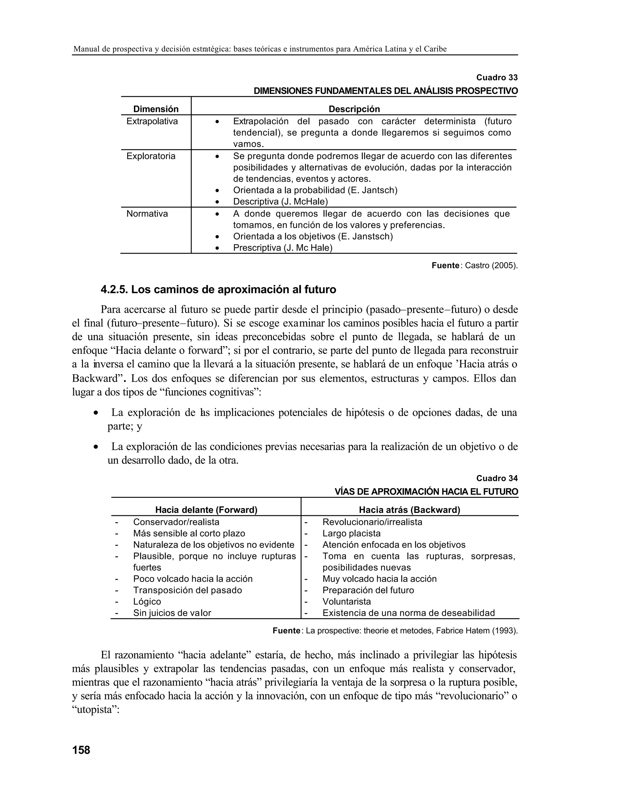 Manual de prospectiva y decisión estratégica: bases teóricas e instrumentos para América Latina y el Caribe
158
Cuadro 33
DIMENSIONES FUNDAMENTALES DEL ANÁLISIS PROSPECTIVO
Dimensión Descripción
Extrapolativa • Extrapolación del pasado con carácter determinista (futuro
tendencial), se pregunta a donde llegaremos si seguimos como
vamos.
Exploratoria • Se pregunta donde podremos llegar de acuerdo con las diferentes
posibilidades y alternativas de evolución, dadas por la interacción
de tendencias, eventos y actores.
• Orientada a la probabilidad (E. Jantsch)
• Descriptiva (J. McHale)
Normativa • A donde queremos llegar de acuerdo con las decisiones que
tomamos, en función de los valores y preferencias.
• Orientada a los objetivos (E. Janstsch)
• Prescriptiva (J. Mc Hale)
Fuente: Castro (2005).
4.2.5. Los caminos de aproximación al futuro
Para acercarse al futuro se puede partir desde el principio (pasado–presente–futuro) o desde
el final (futuro–presente–futuro). Si se escoge examinar los caminos posibles hacia el futuro a partir
de una situación presente, sin ideas preconcebidas sobre el punto de llegada, se hablará de un
enfoque “Hacia delante o forward”; si por el contrario, se parte del punto de llegada para reconstruir
a la inversa el camino que la llevará a la situación presente, se hablará de un enfoque ’Hacia atrás o
Backward”. Los dos enfoques se diferencian por sus elementos, estructuras y campos. Ellos dan
lugar a dos tipos de “funciones cognitivas”:
• La exploración de l
as implicaciones potenciales de hipótesis o de opciones dadas, de una
parte; y
• La exploración de las condiciones previas necesarias para la realización de un objetivo o de
un desarrollo dado, de la otra.
Cuadro 34
VÍAS DE APROXIMACIÓN HACIA EL FUTURO
Hacia delante (Forward) Hacia atrás (Backward)
- Conservador/realista
- Más sensible al corto plazo
- Naturaleza de los objetivos no evidente
- Plausible, porque no incluye rupturas
fuertes
- Poco volcado hacia la acción
- Transposición del pasado
- Lógico
- Sin juicios de valor
- Revolucionario/irrealista
- Largo placista
- Atención enfocada en los objetivos
- Toma en cuenta las rupturas, sorpresas,
posibilidades nuevas
- Muy volcado hacia la acción
- Preparación del futuro
- Voluntarista
- Existencia de una norma de deseabilidad
Fuente: La prospective: theorie et metodes, Fabrice Hatem (1993).
El razonamiento “hacia adelante” estaría, de hecho, más inclinado a privilegiar las hipótesis
más plausibles y extrapolar las tendencias pasadas, con un enfoque más realista y conservador,
mientras que el razonamiento “hacia atrás” privilegiaría la ventaja de la sorpresa o la ruptura posible,
y sería más enfocado hacia la acción y la innovación, con un enfoque de tipo más “revolucionario” o
“utopista”:
 