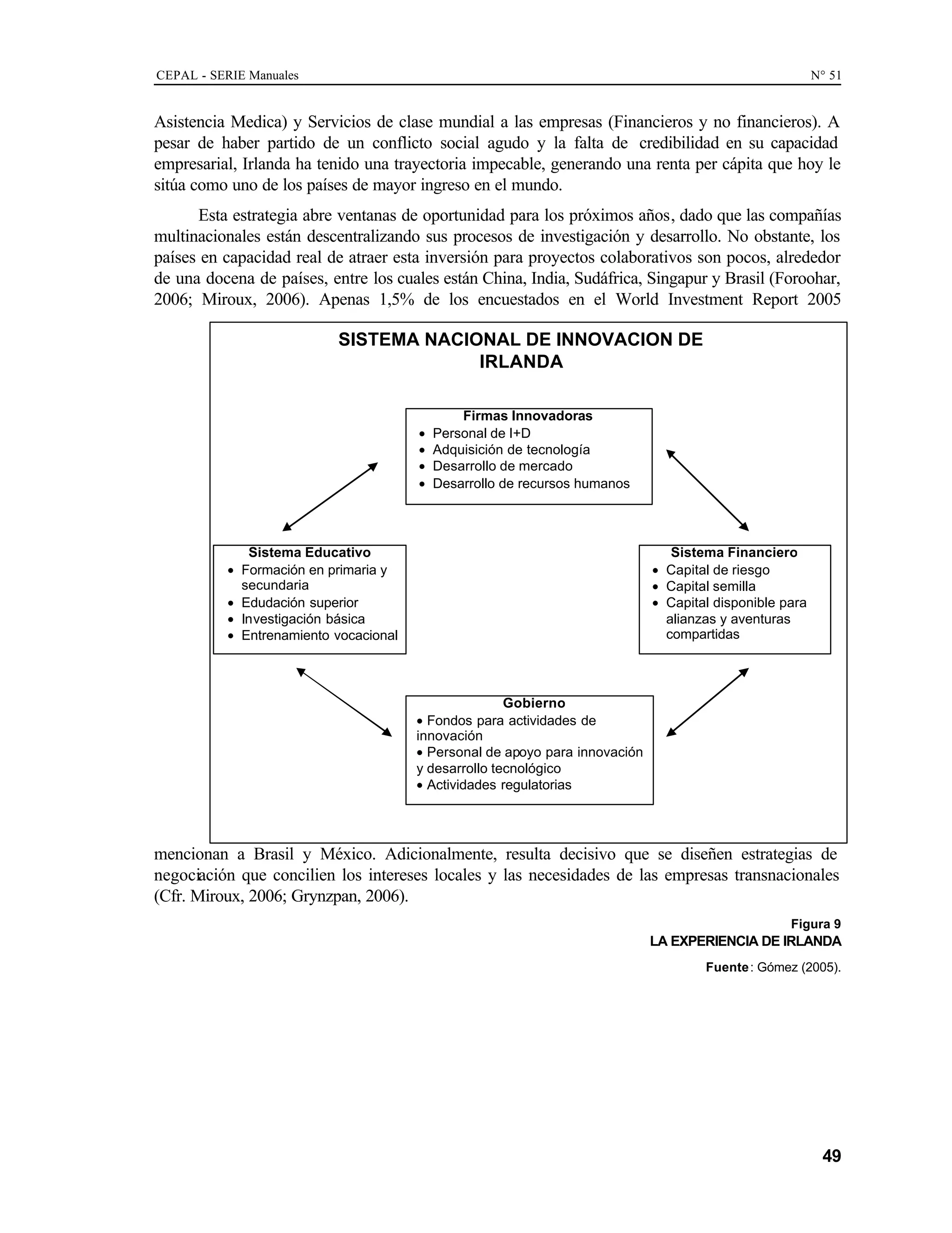 CEPAL - SERIE Manuales N° 51
49
Asistencia Medica) y Servicios de clase mundial a las empresas (Financieros y no financieros). A
pesar de haber partido de un conflicto social agudo y la falta de credibilidad en su capacidad
empresarial, Irlanda ha tenido una trayectoria impecable, generando una renta per cápita que hoy le
sitúa como uno de los países de mayor ingreso en el mundo.
Esta estrategia abre ventanas de oportunidad para los próximos años, dado que las compañías
multinacionales están descentralizando sus procesos de investigación y desarrollo. No obstante, los
países en capacidad real de atraer esta inversión para proyectos colaborativos son pocos, alrededor
de una docena de países, entre los cuales están China, India, Sudáfrica, Singapur y Brasil (Foroohar,
2006; Miroux, 2006). Apenas 1,5% de los encuestados en el World Investment Report 2005
mencionan a Brasil y México. Adicionalmente, resulta decisivo que se diseñen estrategias de
negociación que concilien los intereses locales y las necesidades de las empresas transnacionales
(Cfr. Miroux, 2006; Grynzpan, 2006).
Figura 9
LA EXPERIENCIA DE IRLANDA
Fuente: Gómez (2005).
Firmas Innovadoras
• Personal de I+D
• Adquisición de tecnología
• Desarrollo de mercado
• Desarrollo de recursos humanos
Sistema Educativo
• Formación en primaria y
secundaria
• Edudación superior
• Investigación básica
• Entrenamiento vocacional
Sistema Financiero
• Capital de riesgo
• Capital semilla
• Capital disponible para
alianzas y aventuras
compartidas
Gobierno
• Fondos para actividades de
innovación
• Personal de apoyo para innovación
y desarrollo tecnológico
• Actividades regulatorias
SISTEMA NACIONAL DE INNOVACION DE
IRLANDA
 