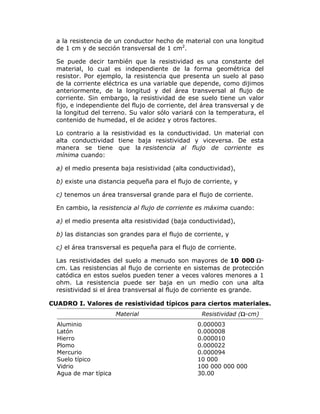 a la resistencia de un conductor hecho de material con una longitud
de 1 cm y de sección transversal de 1 cm2.
Se puede decir también que la resistividad es una constante del
material, lo cual es independiente de la forma geométrica del
resistor. Por ejemplo, la resistencia que presenta un suelo al paso
de la corriente eléctrica es una variable que depende, como dijimos
anteriormente, de la longitud y del área transversal al flujo de
corriente. Sin embargo, la resistividad de ese suelo tiene un valor
fijo, e independiente del flujo de corriente, del área transversal y de
la longitud del terreno. Su valor sólo variará con la temperatura, el
contenido de humedad, el de acidez y otros factores.
Lo contrario a la resistividad es la conductividad. Un material con
alta conductividad tiene baja resistividad y viceversa. De esta
manera se tiene que la resistencia al flujo de corriente es
mínima cuando:
a) el medio presenta baja resistividad (alta conductividad),
b) existe una distancia pequeña para el flujo de corriente, y
c) tenemos un área transversal grande para el flujo de corriente.
En cambio, la resistencia al flujo de corriente es máxima cuando:
a) el medio presenta alta resistividad (baja conductividad),
b) las distancias son grandes para el flujo de corriente, y
c) el área transversal es pequeña para el flujo de corriente.
Las resistividades del suelo a menudo son mayores de 10 000 cm. Las resistencias al flujo de corriente en sistemas de protección
catódica en estos suelos pueden tener a veces valores menores a 1
ohm. La resistencia puede ser baja en un medio con una alta
resistividad si el área transversal al flujo de corriente es grande.
CUADRO I. Valores de resistividad típicos para ciertos materiales.
Material
Aluminio
Latón
Hierro
Plomo
Mercurio
Suelo típico
Vidrio
Agua de mar típica

Resistividad (-cm)
0.000003
0.000008
0.000010
0.000022
0.000094
10 000
100 000 000 000
30.00

 