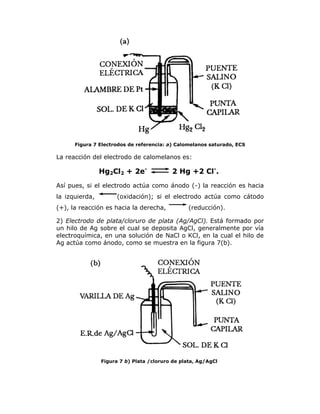 Figura 7 Electrodos de referencia: a) Calomelanos saturado, ECS

La reacción del electrodo de calomelanos es:

Hg2Cl2 + 2e-

2 Hg +2 Cl-.

Así pues, si el electrodo actúa como ánodo (-) la reacción es hacia
la izquierda,

(oxidación); si el electrodo actúa como cátodo

(+), la reacción es hacia la derecha,

(reducción).

2) Electrodo de plata/cloruro de plata (Ag/AgCl). Está formado por
un hilo de Ag sobre el cual se deposita AgCl, generalmente por vía
electroquímica, en una solución de NaCl o KCl, en la cual el hilo de
Ag actúa como ánodo, como se muestra en la figura 7(b).

Figura 7 b) Plata /cloruro de plata, Ag/AgCl

 