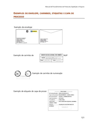 Manual de Procedimentos de Protocolo, Expedição e Arquivo 
121 
EXEMPLOS DE ENVELOPE, CARIMBOS, ETIQUETAS E CAPA DE 
PROCESSO 
Exemplo de envelope 
Exemplo de carimbo de NUP 
Exemplo de carimbo de numeração 
Exemplo de etiqueta de capa de processo 
 
