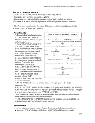 Manual de Procedimentos de Protocolo, Expedição e Arquivo 
131 
INSTRUÇÕES DE PREENCHIMENTO 
Utilizar quando realizar juntada de um processo a um processo. 
A juntada ocorre somente mediante despacho. 
A juntada possui caráter definitivo, uma vez realizada não poderá ser desfeita 
(desanexada). A numeração da página deve ser feita seqüencialmente no processo. 
Obs: A juntada possui caráter definitivo. O(s) documento(s) juntado(s) passará(ão) a 
tramitar junto com o processo principal. 
Preenchimento: 
1. DATA: Indicar a data da juntada. 
2. SOLICITANTE DA JUNTADA: 
Informar quem é a autoridade que 
solicitou a juntada. 
3. TIPO(S) DO(S) DOCUMENTO(S) 
JUNTADO(S): Indicar o(s) tipo(s) 
do(s) documento(s) está(ão) sendo 
juntado(s) ao processo principal. 
4. Nº DO(S) DOCUMENTO(S): 
Indicar o nº completo do(s) 
documento(s) será(ão) juntado(s), 
incluindo ano e siglas do órgão de 
origem. Caso venha sem 
numeração, colocar “S/N” 
5. DATA DO(S) DOCUMENTO(S): 
Colocar a data do documento e 
NÃO do cadastramento no sistema. 
Caso o documento não esteja 
datado, colocar “S/D” 
6. NUP: Indicar o NUP de cadastro 
do(s) documento(s). 
7. Nº DO PROCESSO: Indicar o nº do processo principal que receberá o(s) 
documento(s). 
8. Nº DO PROCESSO: Repetir o nº do processo principal que receberá o(s) documento(s) 
9. Nº TOTAL DE FOLHAS: Deve ser indicado quantas folhas o processo passou a ter após 
a juntada. Ver mais orientações em “PROCEDIMENTOS”. 
10. ASSINATURA: Deverá ser aposta a assinatura do servidor que executou a juntada 
mediante solicitação da autoridade competente. 
11. IDENTIFICAÇÃO DO SERVIDOR: Indicar o nome e cargo do servidor digitados ou 
manuscritos em letra legível ou através de carimbo 
Procedimentos: 
 Juntar o documento ao processo física e eletronicamente (ou seja, no sistema). 
 Agrupar o DESPACHO da autoridade e o TERMO DE JUNTADA emitido pelo 
 