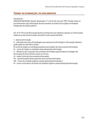 Manual de Procedimentos de Protocolo, Expedição e Arquivo 
151 
TERMO DE ELIMINAÇÃO DE DOCUMENTOS 
Extraído de: 
ARQUIVO NACIONAL (Brasil). Resolução nº 7, de 20 de maio de 1997. Dispõe sobre os 
procedimentos para eliminação de documentos no âmbito dos órgãos e entidades 
integrantes do poder público. 
Art. 4º O Termo de Eliminação de Documentos tem por objetivo registrar as informações 
relativas ao ato de eliminação, devendo conter essencialmente: 
I - data da eliminação; 
II - indicação dos atos oficiais/legais que autorizam a eliminação e informação relativa à 
publicação em periódico oficial; 
III nome do órgão ou entidade produtor/acumulador dos documentos eliminados; 
IV - nome do órgão ou entidade responsável pela eliminação; 
V - referência aos conjuntos documentais eliminados especificados na Listagem de 
Eliminação de Documentos, anexa ao Termo; 
VI - datas-limite dos documentos eliminados; 
VII - quantificação/mensuração dos documentos eliminados; 
VIII - nome da unidade orgânica responsável pela eliminação; e 
IX - nome e assinatura do titular da unidade orgânica responsável pela eliminação. 
 