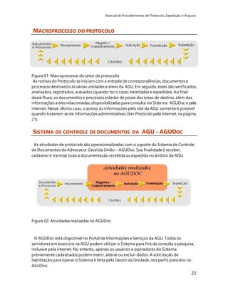 Manual de Procedimentos de Protocolo, Expedição e Arquivo 
22 
MACROPROCESSO DO PROTOCOLO 
Figura 01: Macroprocesso do setor de protocolo 
As rotinas do Protocolo se iniciam com a entrada de correspondências, documentos e 
processos destinados às várias unidades e áreas da AGU. Em seguida, estes são veri ficados, 
analisados, registrados, autuados (quando for o caso) tramitados e expedidos. Ao final 
desse fluxo, os documentos e processos estarão de posse das áreas de destino, além das 
informações a eles relacionadas, disponibilizadas para consulta via Sistema AGUDoc e pela 
internet. Nesse último caso, o acesso às informações pelo site da AGU, somente é possível 
quando tratarem-se de informações administrativas (Ver Protocolo pela Internet, na página 
21). 
SISTEMA DE CONTROLE DE DOCUMENTOS DA AGU - AGUDOC 
As atividades de protocolo são operacionalizadas com o suporte do Sistema de Controle 
de Documentos da Advocacia-Geral da União – AGUDoc. Sua finalidade é receber, 
cadastrar e tramitar toda a documentação recebida ou expedida no âmbito da AGU. 
Figura 02: Atividades realizadas no AGUDoc 
O AGUDoc está disponível no Portal de Informações e Serviços da AGU. Todos os 
servidores em exercício na AGU podem utilizar o Sistema para fins de consulta e pesquisa, 
inclusive pela internet. No entanto, apenas os usuários e operadores do Sistema 
previamente cadastrados podem inserir, alterar ou excluir dados. A solicitação de 
habilitação para operar o Sistema é feita pelo Gestor da Unidade, nos perfis previstos no 
AGUDoc. 
 
