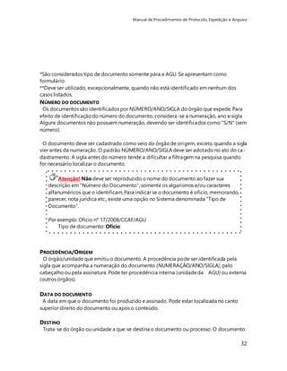 Manual de Procedimentos de Protocolo, Expedição e Arquivo 
*São considerados tipo de documento somente para a AGU. Se apresentam como 
formulário. 
**Deve ser utilizado, excepcionalmente, quando não está identificado em nenhum dos 
casos listados. 
NÚMERO DO DOCUMENTO 
Os documentos são identificados por NÚMERO/ANO/SIGLA do órgão que expede. Para 
efeito de identificação do número do documento, considera-se a numeração, ano e sigla 
Alguns documentos não possuem numeração, devendo ser identificados como "S/N" (sem 
número). 
O documento deve ser cadastrado como veio do órgão de origem, exceto, quando a sigla 
vier antes da numeração. O padrão NÚMERO/ANO/SIGLA deve ser adotado no ato do ca-dastramento. 
32 
A sigla antes do número tende a dificultar a filtragem na pesquisa quando 
for necessário localizar o documento. 
Atenção! Não deve ser reproduzido o nome do documento ao fazer sua 
descrição em “Número do Documento”, somente os algarismos e/ou caracteres 
alfanuméricos que o identificam. Para indicar se o documento é ofício, memorando, 
parecer, nota jurídica etc., existe uma opção no Sistema denominada “Tipo de 
Documento”. 
Por exemplo: Ofício nº 17/2008/CCAF/AGU 
Tipo de documento: Ofício 
Reproduzir como Número do Documento: 17/2008/CCAF/AGU 
PROCEDÊNCIA/ORIGEM 
O órgão/unidade que emitiu o documento. A procedência pode ser identificada pela 
sigla que acompanha a numeração do documento (NUMERAÇÃO/ANO/SIGLA), pelo 
cabeçalho ou pela assinatura. Pode ter procedência interna (unidade da AGU) ou externa 
(outros órgãos). 
DATA DO DOCUMENTO 
A data em que o documento foi produzido e assinado. Pode estar localizada no canto 
superior direito do documento ou após o conteúdo. 
DESTINO 
Trata-se do órgão ou unidade a que se destina o documento ou processo. O documento 
 