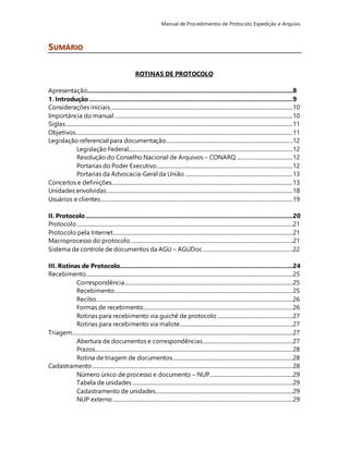 Manual de Procedimentos de Protocolo, Expedição e Arquivo 
SUMÁRIO 
ROTINAS DE PROTOCOLO 
Apresentação........................................................................................................................8 
1. Introdução .......................................................................................................................9 
Considerações iniciais ..............................................................................................................................................10 
Importância do manual ...........................................................................................................................................10 
Siglas .................................................................................................................................................................................11 
Objetivos .........................................................................................................................................................................11 
Legislação referencial para documentação...................................................................................................12 
Legislação Federal................................................................................................................................12 
Resolução do Conselho Nacional de Arquivos – CONARQ ............................................12 
Portarias do Poder Executivo..........................................................................................................12 
Portarias da Advocacia-Geral da União ....................................................................................13 
Conceitos e definições.............................................................................................................................................13 
Unidades envolvidas .................................................................................................................................................18 
Usuários e clientes......................................................................................................................................................19 
II. Protocolo .........................................................................................................................20 
Protocolo ........................................................................................................................................................................21 
Protocolo pela Internet............................................................................................................................................21 
Macroprocesso do protocolo ..............................................................................................................................21 
Sistema de controle de documentos da AGU – AGUDoc ......................................................................22 
III. Rotinas de Protocolo.....................................................................................................24 
Recebimento.................................................................................................................................................................25 
Correspondência...................................................................................................................................25 
Recebimento...........................................................................................................................................25 
Recibo.........................................................................................................................................................26 
Formas de recebimento ....................................................................................................................26 
Rotinas para recebimento via guichê de protocolo ...........................................................27 
Rotinas para recebimento via malote ........................................................................................27 
Triagem............................................................................................................................................................................27 
Abertura de documentos e correspondências ......................................................................27 
Prazos..........................................................................................................................................................28 
Rotina de triagem de documentos..............................................................................................28 
Cadastramento ............................................................................................................................................................28 
Número único de processo e documento – NUP.................................................................29 
Tabela de unidades .............................................................................................................................29 
Cadastramento de unidades...........................................................................................................29 
NUP externo ............................................................................................................................................29 
 