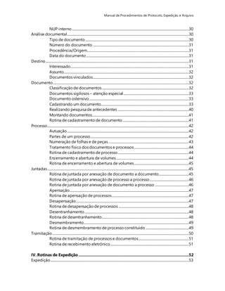 Manual de Procedimentos de Protocolo, Expedição e Arquivo 
NUP interno .............................................................................................................................................30 
Análise documental...................................................................................................................................................30 
Tipo de documento .............................................................................................................................30 
Número do documento ....................................................................................................................31 
Procedência/Origem...........................................................................................................................31 
Data do documento ............................................................................................................................31 
Destino .............................................................................................................................................................................31 
Interessado...............................................................................................................................................31 
Assunto.......................................................................................................................................................32 
Documentos vinculados....................................................................................................................32 
Documento ....................................................................................................................................................................32 
Classificação de documentos .........................................................................................................32 
Documentos sigilosos – atenção especial ...............................................................................33 
Documento ostensivo ........................................................................................................................33 
Cadastrando um documento..........................................................................................................33 
Realizando pesquisa de antecedentes ......................................................................................40 
Montando documentos.....................................................................................................................41 
Rotina de cadastramento de documento ................................................................................41 
Processo...........................................................................................................................................................................42 
Autuação ...................................................................................................................................................42 
Partes de um processo.......................................................................................................................42 
Numeração de folhas e de peças .................................................................................................43 
Tratamento físico dos documentos e processos ..................................................................44 
Rotina de cadastramento de processo......................................................................................44 
Encerramento e abertura de volumes ........................................................................................44 
Rotina de encerramento e abertura de volumes ..................................................................45 
Juntadas ...........................................................................................................................................................................45 
Rotina de juntada por anexação de documento a documento....................................45 
Rotina de juntada por anexação de processo a processo ...............................................46 
Rotina de juntada por anexação de documento a processo .........................................46 
Apensação................................................................................................................................................47 
Rotina de apensação de processos .............................................................................................47 
Desapensação ........................................................................................................................................47 
Rotina de desapensação de processos .....................................................................................48 
Desentranhamento ..............................................................................................................................48 
Rotina de desentranhamento.........................................................................................................48 
Desmembramento...............................................................................................................................49 
Rotina de desmembramento de processo constituído ....................................................49 
Tramitação .....................................................................................................................................................................50 
Rotina de tramitação de processos e documentos.............................................................51 
Rotina de recebimento eletrônico ...............................................................................................51 
IV. Rotinas de Expedição ....................................................................................................52 
Expedição .......................................................................................................................................................................53 
 