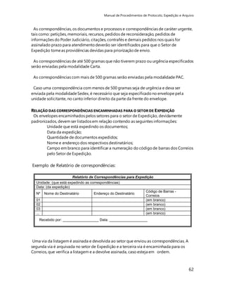 Manual de Procedimentos de Protocolo, Expedição e Arquivo 
As correspondências, os documentos e processos e correspondências de caráter urgente, 
tais como: petições, memoriais, recursos, pedidos de reconsideração, pedidos de 
informações do Poder Judiciário, citações, contrafés e demais pedidos nos quais for 
assinalado prazo para atendimento deverão ser identificados para que o Setor de 
Expedição tome as providências devidas para priorização de envio. 
As correspondências de até 500 gramas que não tiverem prazo ou urgência especificados 
serão enviadas pela modalidade Carta. 
Unidade que está expedindo os documentos; 
Data da expedição; 
Quantidade de documentos expedidos; 
Nome e endereço dos respectivos destinatários; 
Campo em branco para identificar a numeração do código de barras dos Correios 
pelo Setor de Expedição. 
62 
As correspondências com mais de 500 gramas serão enviadas pela modalidade PAC. 
Caso uma correspondência com menos de 500 gramas seja de urgência e deva ser 
enviada pela modalidade Sedex, é necessário que seja especificado no envelope pel a 
unidade solicitante, no canto inferior direito da parte da frente do envelope. 
RELAÇÃO DAS CORRESPONDÊNCIAS ENCAMINHADAS PARA O SETOR DE EXPEDIÇÃO 
Os envelopes encaminhados pelos setores para o setor de Expedição, devidamente 
padronizados, devem ser listados em relação contendo as seguintes informações: 
Exemplo de Relatório de correspondências: 
Relatório de Correspondências para Expedição 
Unidade: (que está expedindo as correspondências) 
Data: (da expedição) 
Nº Nome do Destinatário Endereço do Destinatário 
Código de Barras - 
Correios 
01 (em branco) 
02 (em branco) 
03 (em branco) 
... (em branco) 
Recebido por: __________________ Data: ___________________ 
Uma via da listagem é assinada e devolvida ao setor que enviou as correspondências. A 
segunda via é arquivada no setor de Expedição e a terceira via é encaminhada para os 
Correios, que verifica a listagem e a devolve assinada, caso esteja em ordem. 
 