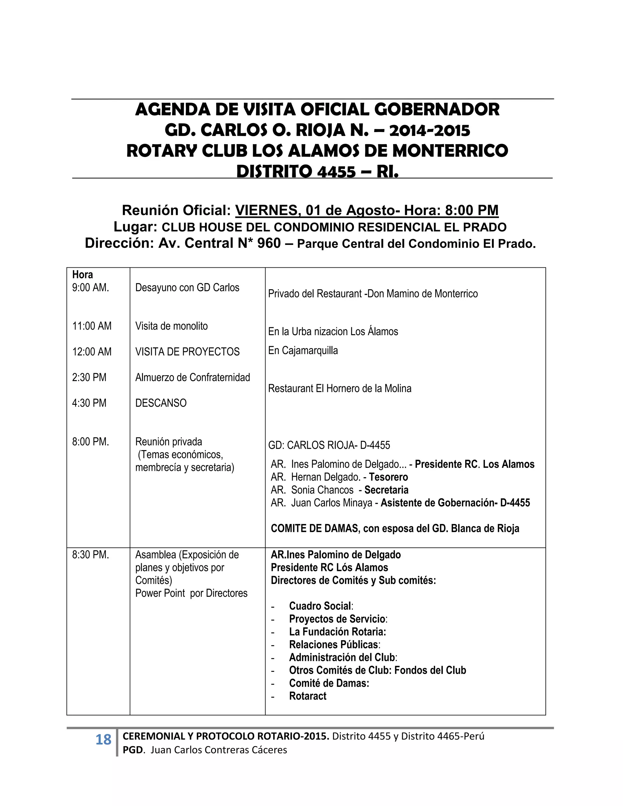 18 CEREMONIAL Y PROTOCOLO ROTARIO-2015. Distrito 4455 y Distrito 4465-Perú
PGD. Juan Carlos Contreras Cáceres
AGENDA DE VISITA OFICIAL GOBERNADOR
GD. CARLOS O. RIOJA N. – 2014-2015
ROTARY CLUB LOS ALAMOS DE MONTERRICO
DISTRITO 4455 – RI.
Reunión Oficial: VIERNES, 01 de Agosto- Hora: 8:00 PM
Lugar: CLUB HOUSE DEL CONDOMINIO RESIDENCIAL EL PRADO
Dirección: Av. Central N* 960 – Parque Central del Condominio El Prado.
Hora
9:00 AM.
11:00 AM
12:00 AM
2:30 PM
4:30 PM
8:00 PM.
Desayuno con GD Carlos
Visita de monolito
VISITA DE PROYECTOS
Almuerzo de Confraternidad
DESCANSO
Reunión privada
(Temas económicos,
membrecía y secretaria)
Privado del Restaurant -Don Mamino de Monterrico
En la Urba nizacion Los Álamos
En Cajamarquilla
Restaurant El Hornero de la Molina
GD: CARLOS RIOJA- D-4455
AR. Ines Palomino de Delgado... - Presidente RC. Los Alamos
AR. Hernan Delgado. - Tesorero
AR. Sonia Chancos - Secretaria
AR. Juan Carlos Minaya - Asistente de Gobernación- D-4455
COMITE DE DAMAS, con esposa del GD. Blanca de Rioja
8:30 PM. Asamblea (Exposición de
planes y objetivos por
Comités)
Power Point por Directores
AR.Ines Palomino de Delgado
Presidente RC Lós Alamos
Directores de Comités y Sub comités:
- Cuadro Social:
- Proyectos de Servicio:
- La Fundación Rotaria:
- Relaciones Públicas:
- Administración del Club:
- Otros Comités de Club: Fondos del Club
- Comité de Damas:
- Rotaract
 
