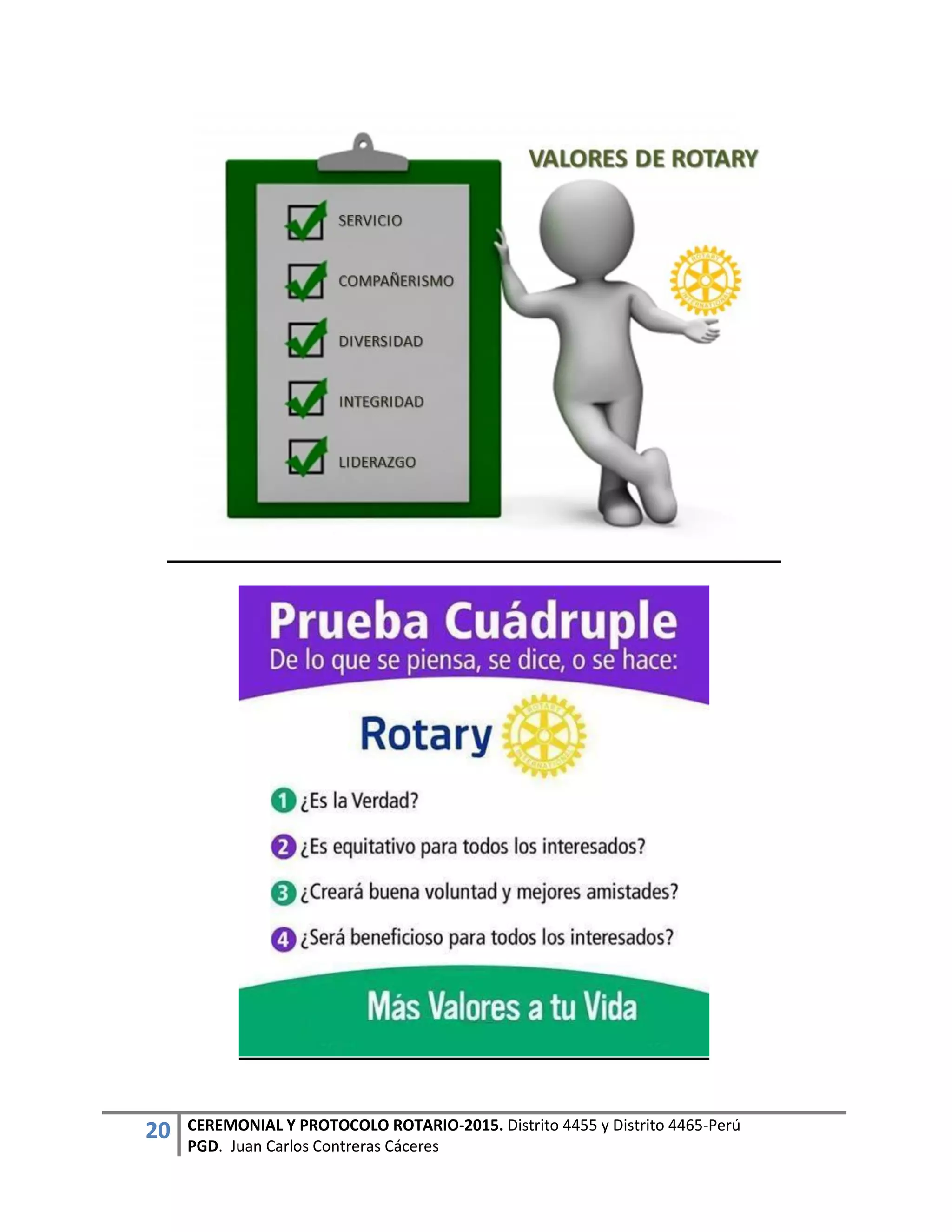20 CEREMONIAL Y PROTOCOLO ROTARIO-2015. Distrito 4455 y Distrito 4465-Perú
PGD. Juan Carlos Contreras Cáceres
 