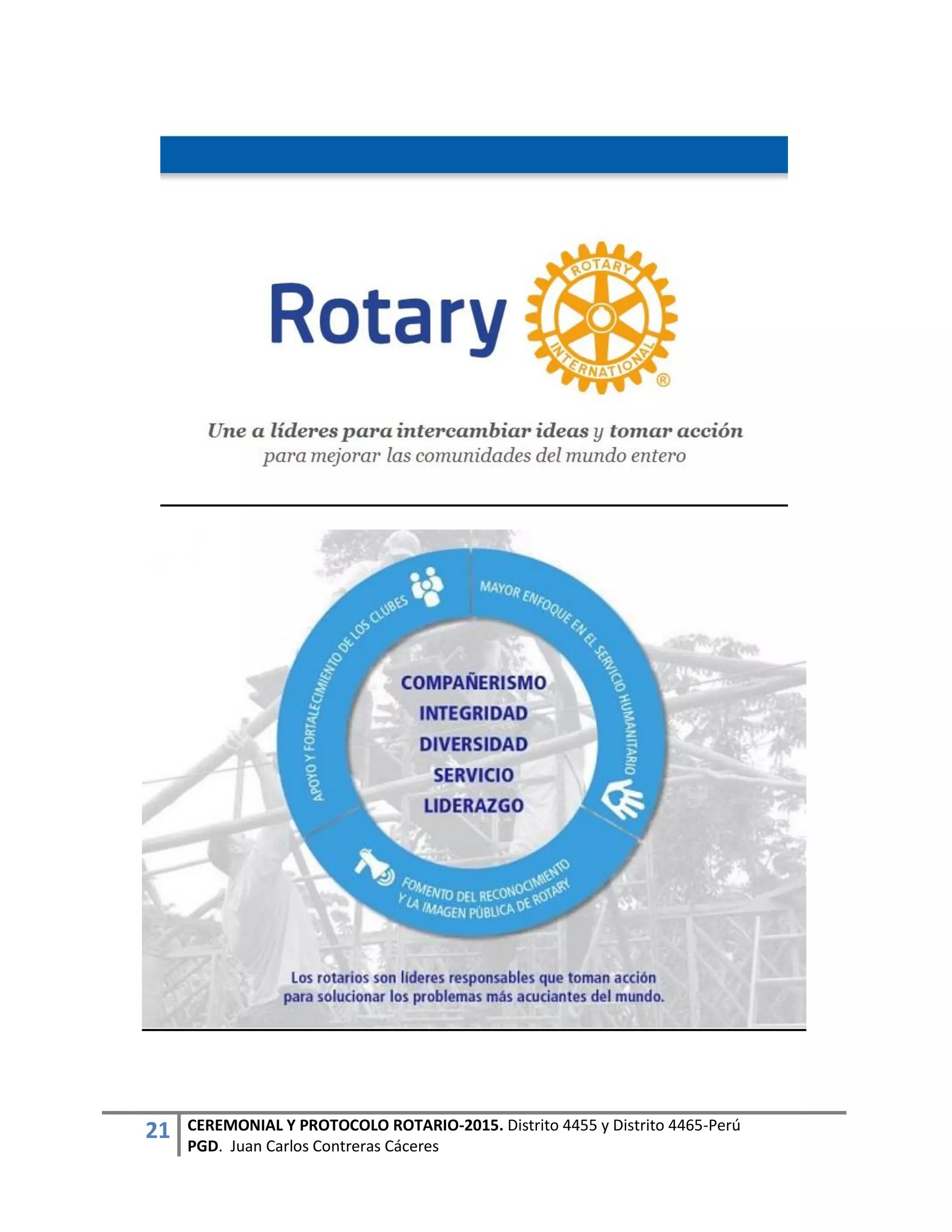 21 CEREMONIAL Y PROTOCOLO ROTARIO-2015. Distrito 4455 y Distrito 4465-Perú
PGD. Juan Carlos Contreras Cáceres
 