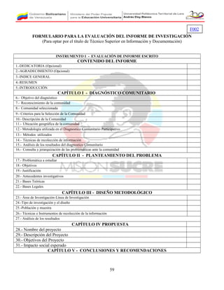 FORMULARIO PARA LA EVALUACIÓN DEL INFORME DE INVESTIGACIÓN
(Para optar por el título de Técnico Superior en Información y Documentación)
INSTRUMENTO 1 - EVALUACIÓN DE INFORME ESCRITO
CONTENIDO DEL INFORME
1.-DEDICATORIA (Opcional)
2.-AGRADECIMIENTO (Opcional)
3.-INDICE GENERAL
4.-RESUMEN
5.-INTRODUCCIÓN
CAPÍTULO I - DIAGNÓSTICO COMUNITARIO
6.- Objetivo del diagnóstico
7.- Reconocimiento de la comunidad
8.- Comunidad seleccionada
9.- Criterios para la Selección de la Comunidad
10.- Descripción de la Comunidad
11.- Ubicación geográfica de la comunidad
12.- Metodología utilizada en el Diagnostico Comunitario Participativo
13.- Métodos utilizados
14.- Técnicas de recolección de información
15.- Análisis de los resultados del diagnostico Comunitario
16.- Consulta y jerarquización de las problemáticas ante la comunidad
CAPÍTULO II - PLANTEAMIENTO DEL PROBLEMA
17.- Problemática a estudiar
18.- Objetivos
19.- Justificación
20.- Antecedentes investigativos
21.- Bases Teóricas
22.- Bases Legales
CAPÍTULO III - DISEÑO METODOLÓGICO
23.- Área de Investigación-Línea de Investigación
24.-Tipo de investigación y el diseño
25.-Población y muestra
26.- Técnicas e Instrumentos de recolección de la información
27.- Análisis de los resultados
CAPÍTULO IV PROPUESTA
28.- Nombre del proyecto
29.- Descripción del Proyecto
30.- Objetivos del Proyecto
31.- Impacto social esperado
CAPÍTULO V - CONCLUSIONES Y RECOMENDACIONES
59
F002
 
