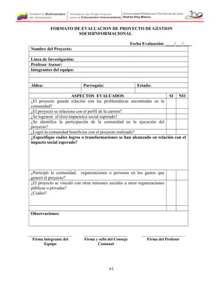 FORMATO DE EVALUACION DE PROYECTO DE GESTION
SOCIOINFORMACIONAL
Fecha Evaluación: ____/___/____
Nombre del Proyecto:
Línea de Investigación:
Profesor Asesor:
Integrantes del equipo:
Aldea: Parroquia: Estado:
ASPECTOS EVALUADOS SI NO
¿El proyecto guarda relación con las problemáticas encontradas en la
comunidad?
¿El proyecto se relaciona con el perfil de la carrera?
¿Se lograron el (los) impacto(s) social esperado?
¿Se identifica la participación de la comunidad en la ejecución del
proyecto?
¿Logró la comunidad beneficios con el proyecto realizado?
¿Especifique cuáles logros o transformaciones se han alcanzado en relación con el
impacto social esperado?
¿Participó la comunidad, organizaciones o personas en los gastos que
generó el proyecto?
¿El proyecto se vinculó con otras misiones sociales u otras organizaciones
públicas o privadas?
¿Cuáles?
Observaciones:
61
Firma Integrante del
Equipo
Firma y sello del Consejo
Comunal
Firma del Profesor
 