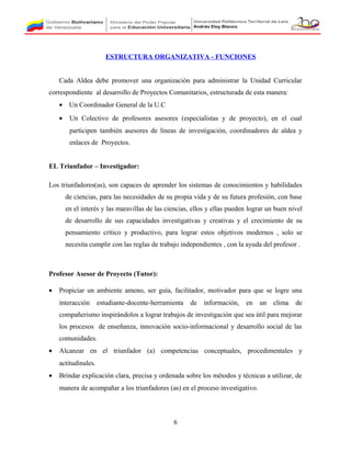 ESTRUCTURA ORGANIZATIVA - FUNCIONES
Cada Aldea debe promover una organización para administrar la Unidad Curricular
correspondiente al desarrollo de Proyectos Comunitarios, estructurada de esta manera:
• Un Coordinador General de la U.C
• Un Colectivo de profesores asesores (especialistas y de proyecto), en el cual
participen también asesores de líneas de investigación, coordinadores de aldea y
enlaces de Proyectos.
EL Triunfador – Investigador:
Los triunfadores(as), son capaces de aprender los sistemas de conocimientos y habilidades
de ciencias, para las necesidades de su propia vida y de su futura profesión, con base
en el interés y las maravillas de las ciencias, ellos y ellas pueden lograr un buen nivel
de desarrollo de sus capacidades investigativas y creativas y el crecimiento de su
pensamiento crítico y productivo, para lograr estos objetivos modernos , solo se
necesita cumplir con las reglas de trabajo independientes , con la ayuda del profesor .
Profesor Asesor de Proyecto (Tutor):
• Propiciar un ambiente ameno, ser guía, facilitador, motivador para que se logre una
interacción estudiante-docente-herramienta de información, en un clima de
compañerismo inspirándolos a lograr trabajos de investigación que sea útil para mejorar
los procesos de enseñanza, innovación socio-informacional y desarrollo social de las
comunidades.
• Alcanzar en el triunfador (a) competencias conceptuales, procedimentales y
actitudinales.
• Brindar explicación clara, precisa y ordenada sobre los métodos y técnicas a utilizar, de
manera de acompañar a los triunfadores (as) en el proceso investigativo.
6
 